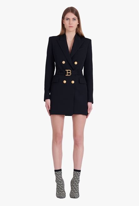 Black wool double-buttoned dress with Balmain buckle - 4