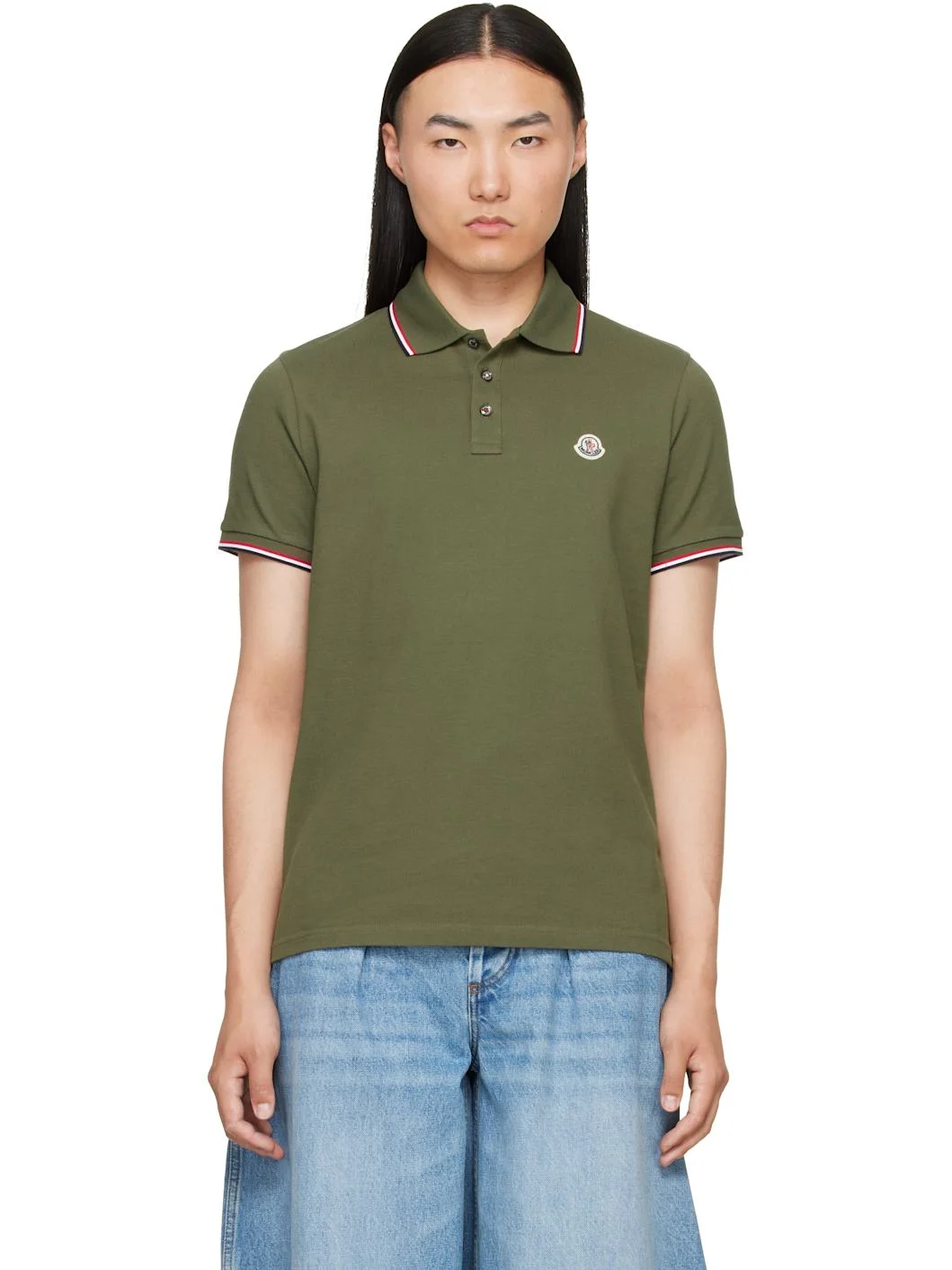 Khaki Tricolor-Trimmed Cotton Piquet Polo - 1