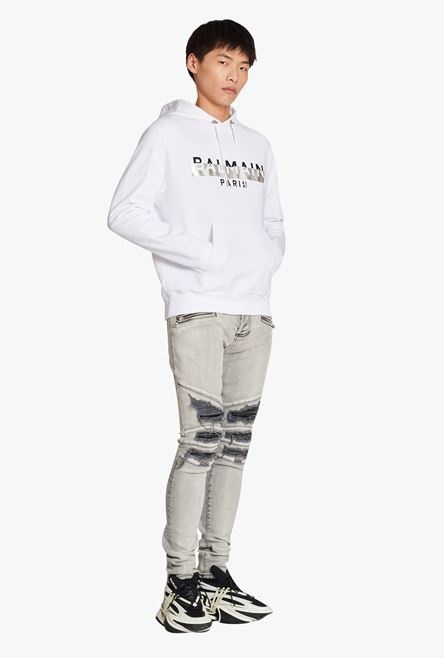 White eco-designed cotton sweatshirt with black and silver Balmain Paris metallic logo print - 7