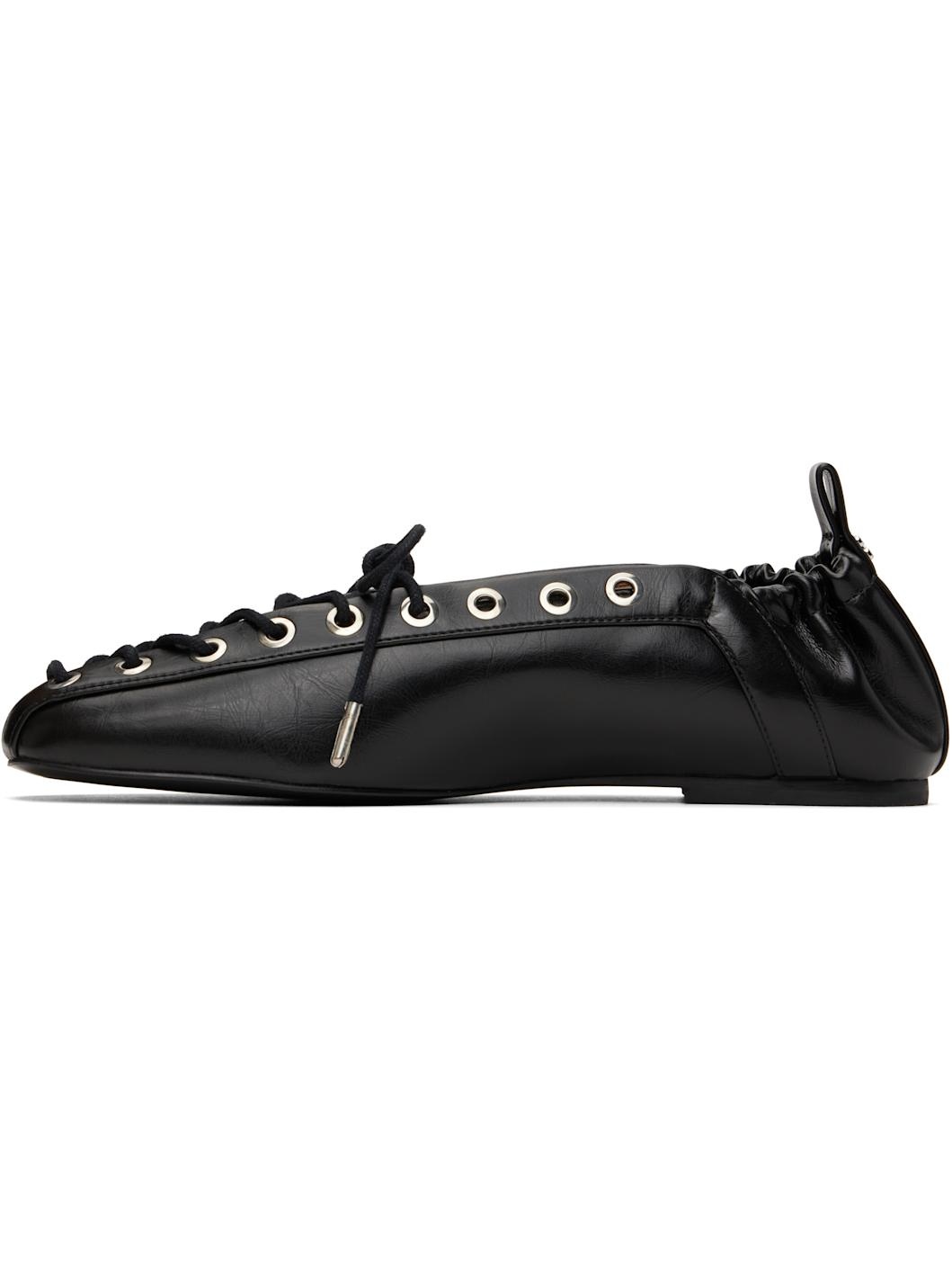 Black Oleatex Lace-Up Ballerina Flats - 3