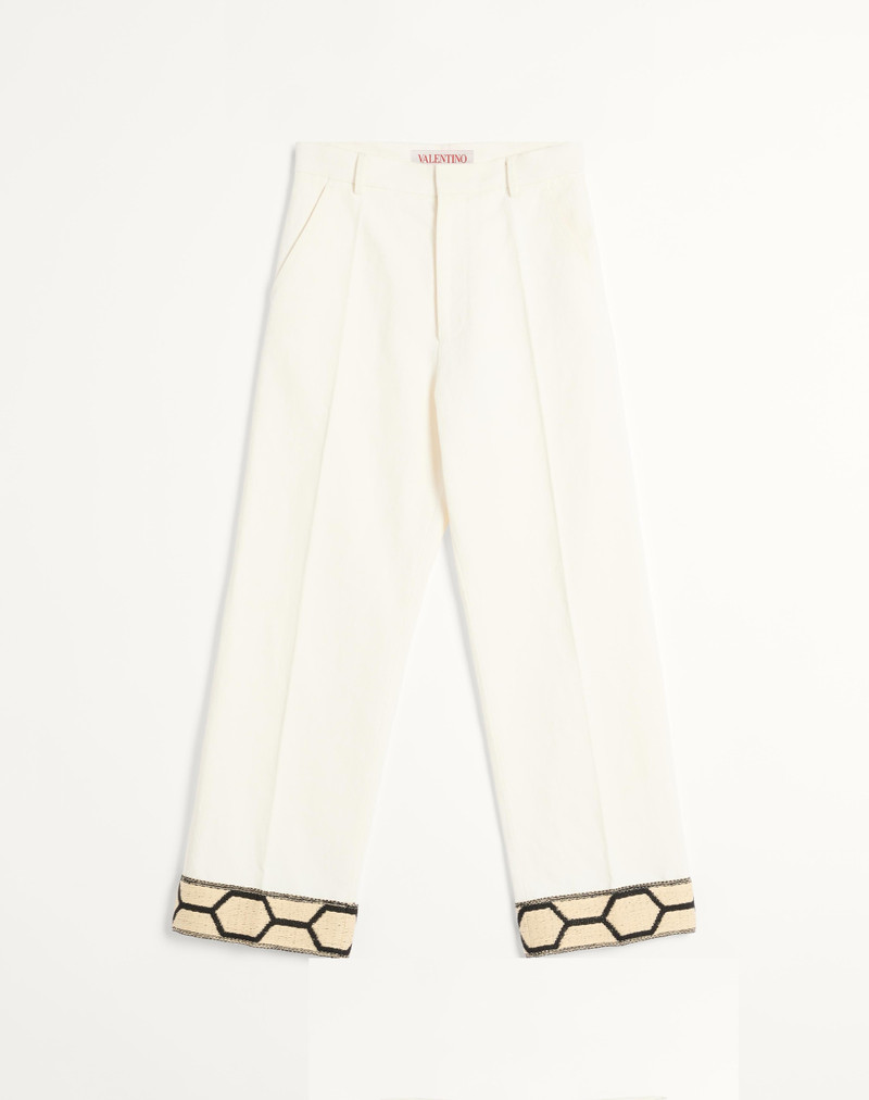 COTTON AND LINEN PANTS WITH JACQUARD HEM 1