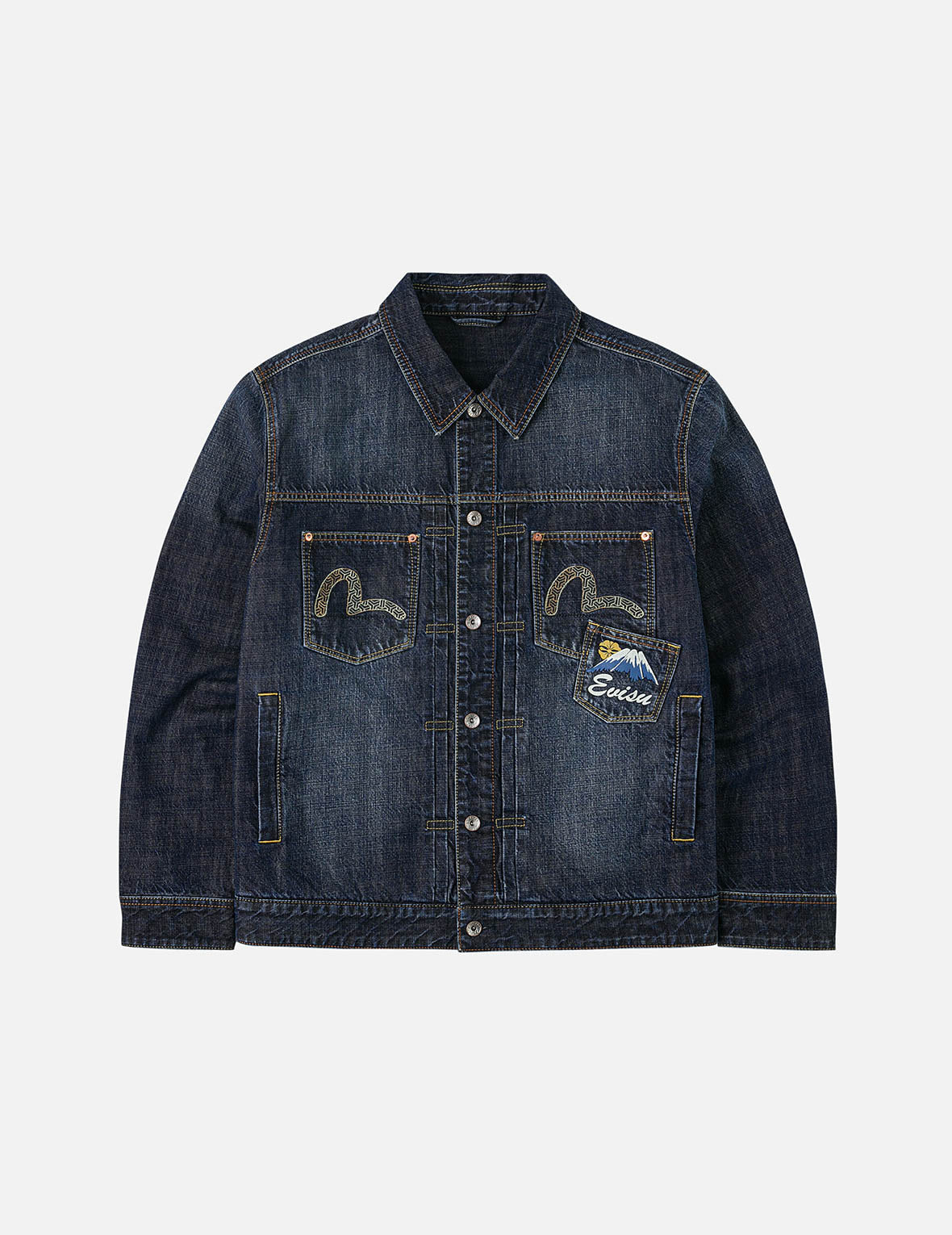 Washed Multi-Pocket with Lion Dance Print Relax Fit Denim Jacket - 4