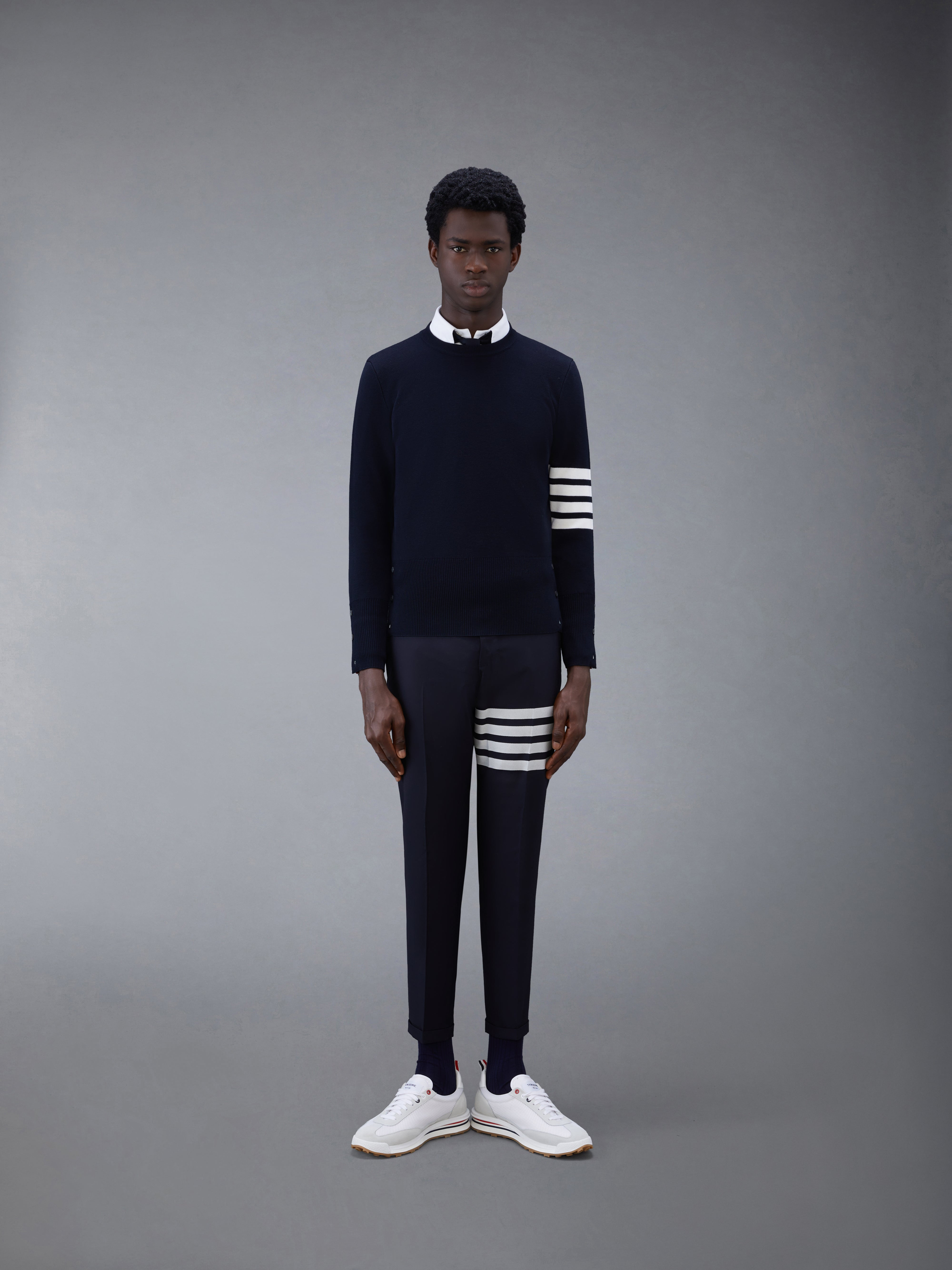 Navy Milano Stitch Fine Merino Wool 4-Bar Crew Neck Pullover - 3
