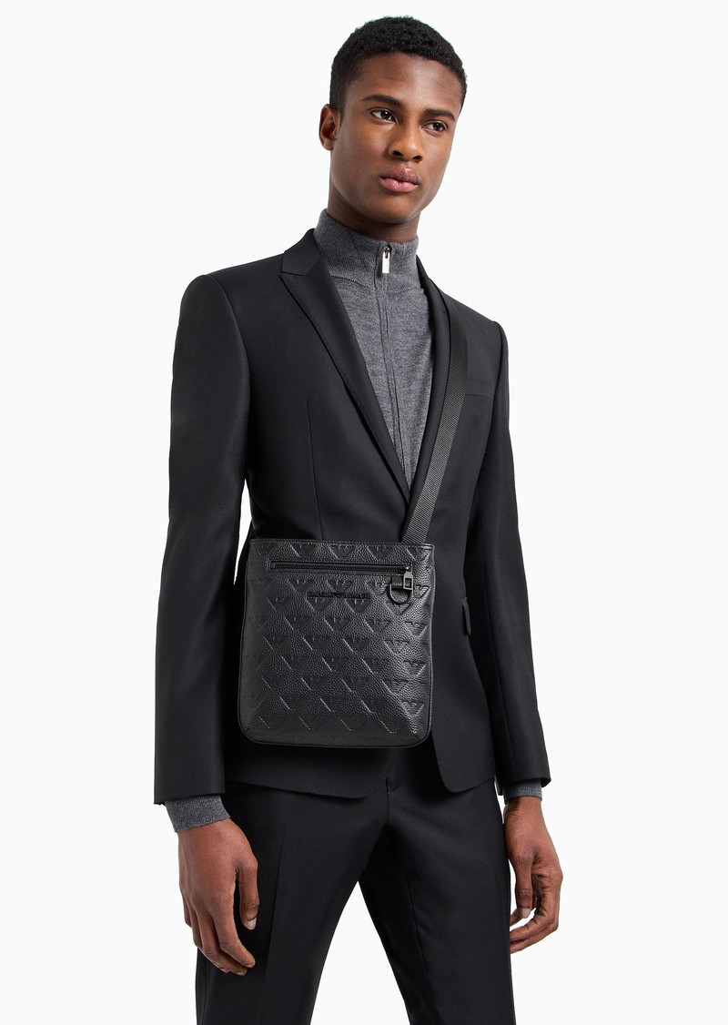 Flat leather shoulder bag with all-over embossed eagle 6