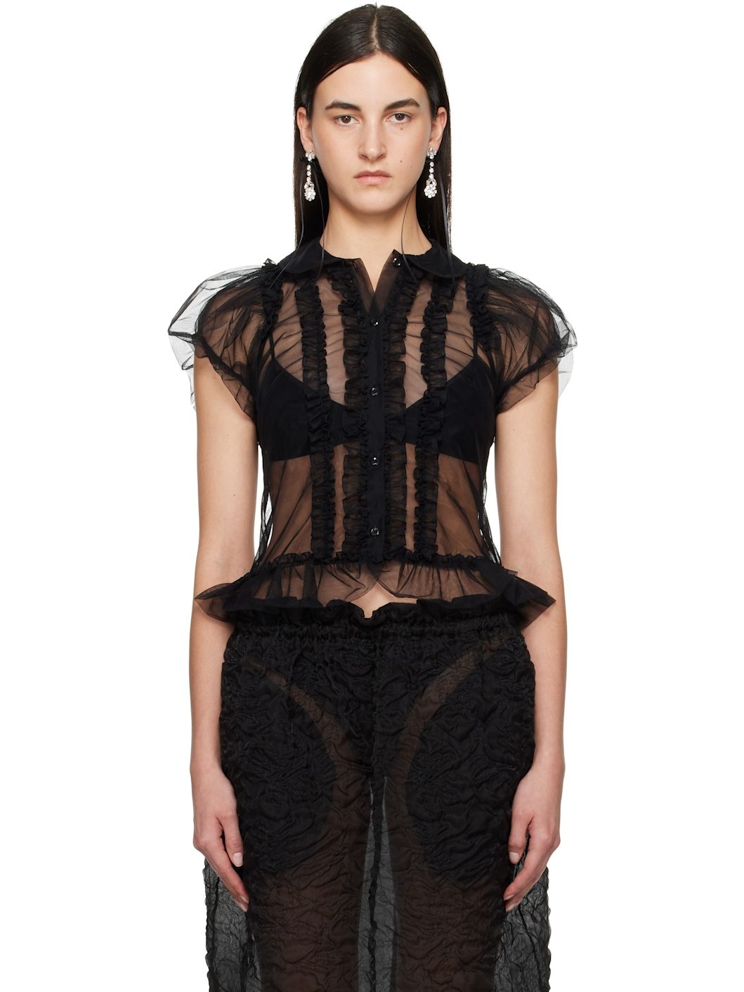 Black Sheer Puff Sleeve Multi Ruffle Frill Shirt - 1