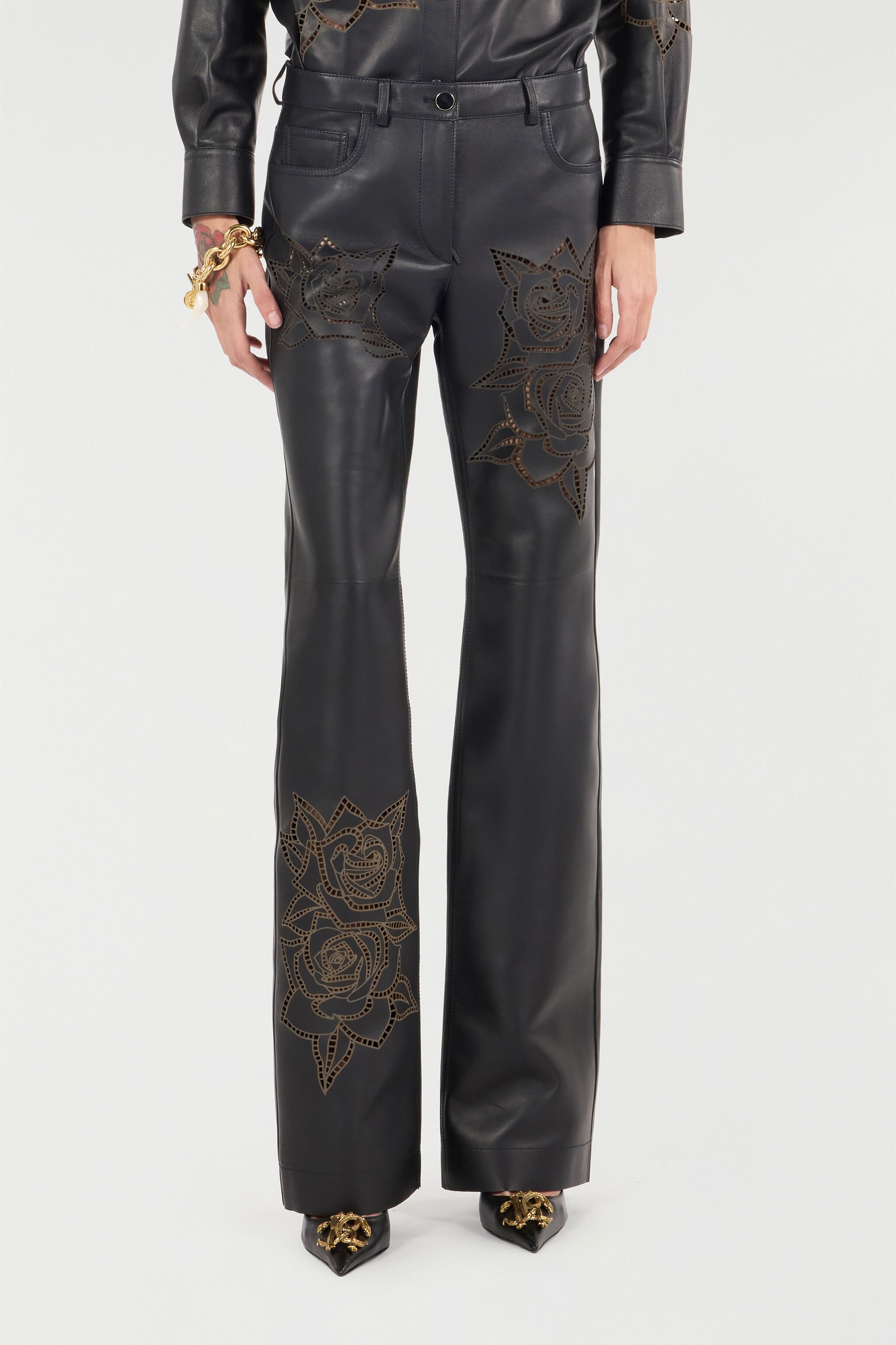 Leather Pants With Perforated Roses - 3