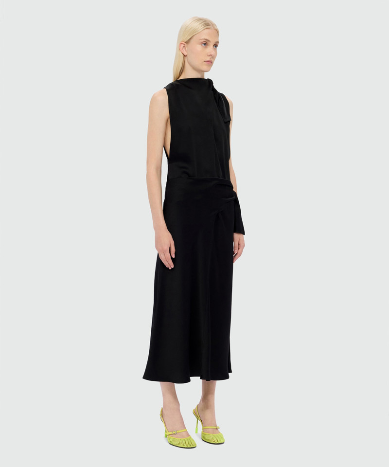 Black satin midi dress with tie belt and pareo effect 4