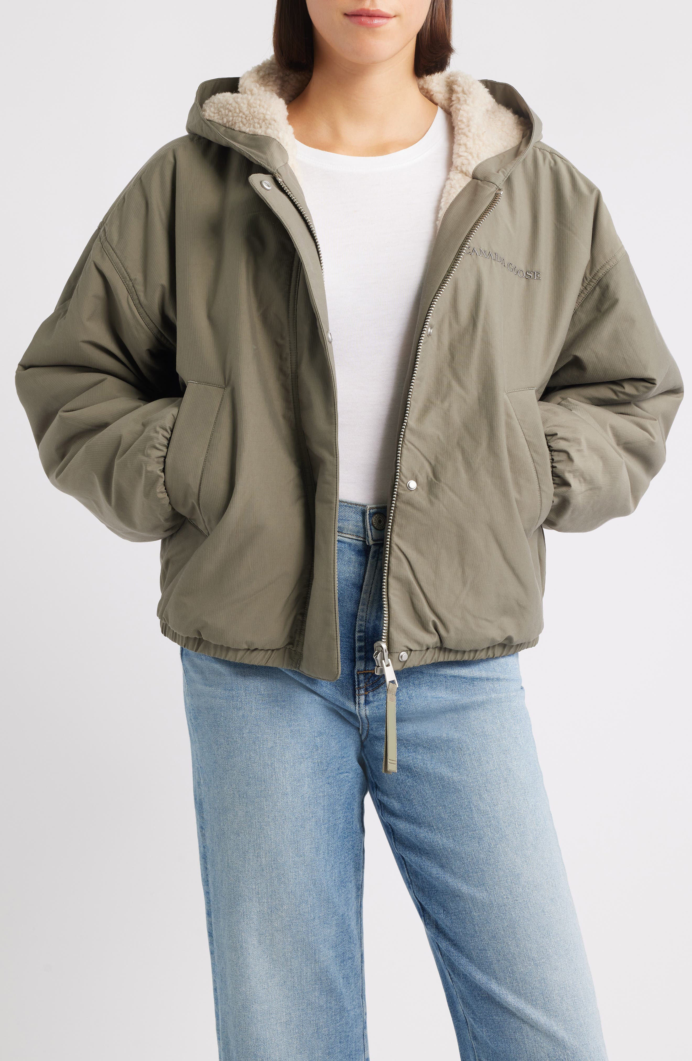 Canada Goose Alberini Reversible High Pile Fleece Bomber Jacket in Light Tan/Smokey Sage at Nordstro - 2
