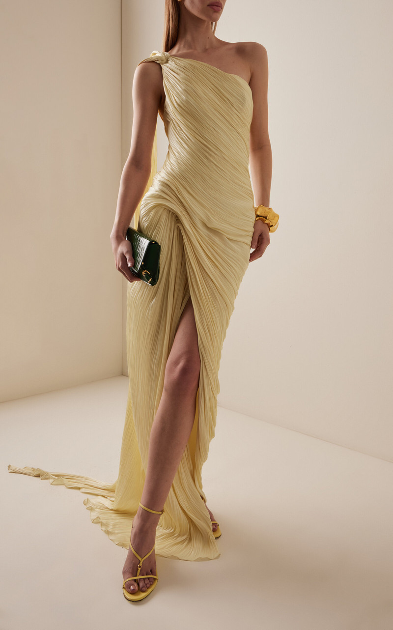 MARMAR HALIM Pleated Asymmetric Silk-Chiffon Gown yellow outlook