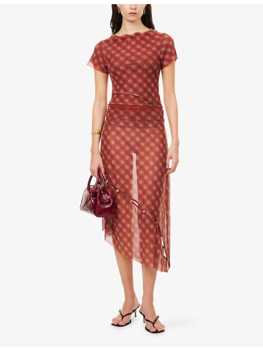 Retro Check Asymmetric Stretch-Woven Midi Skirt - 2