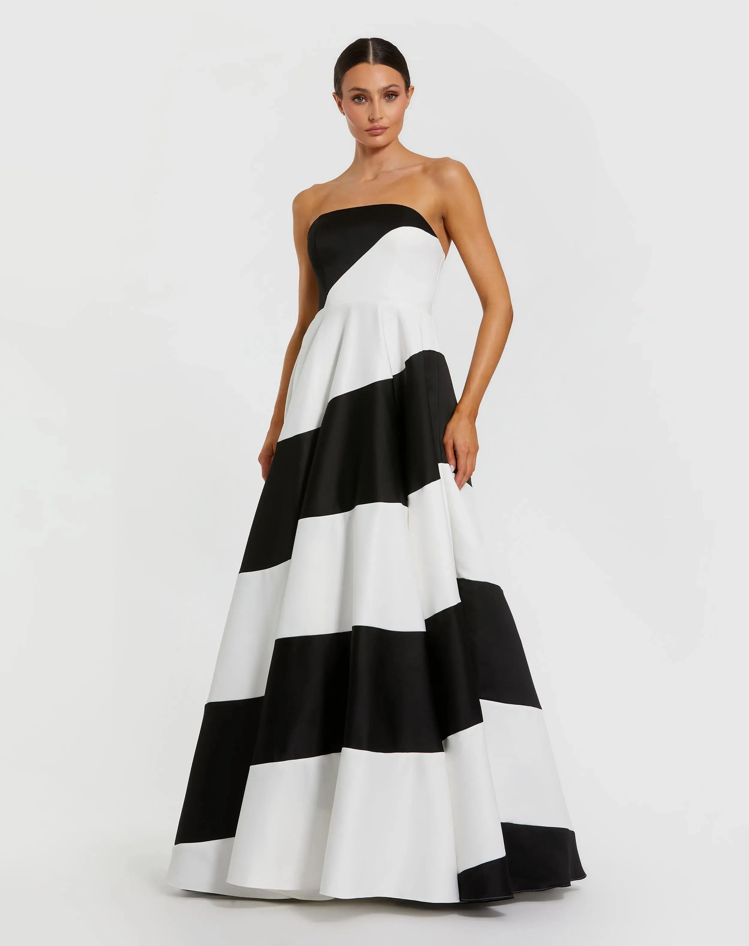 Black and White Striped Satin Strapless Ball Gown - 1