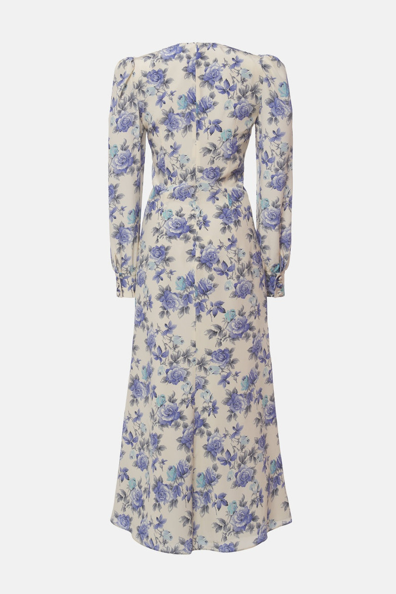 Alessandra Rich ROSE PRINT SILK DRAPED DRESS WITH JWL BUTTONS outlook