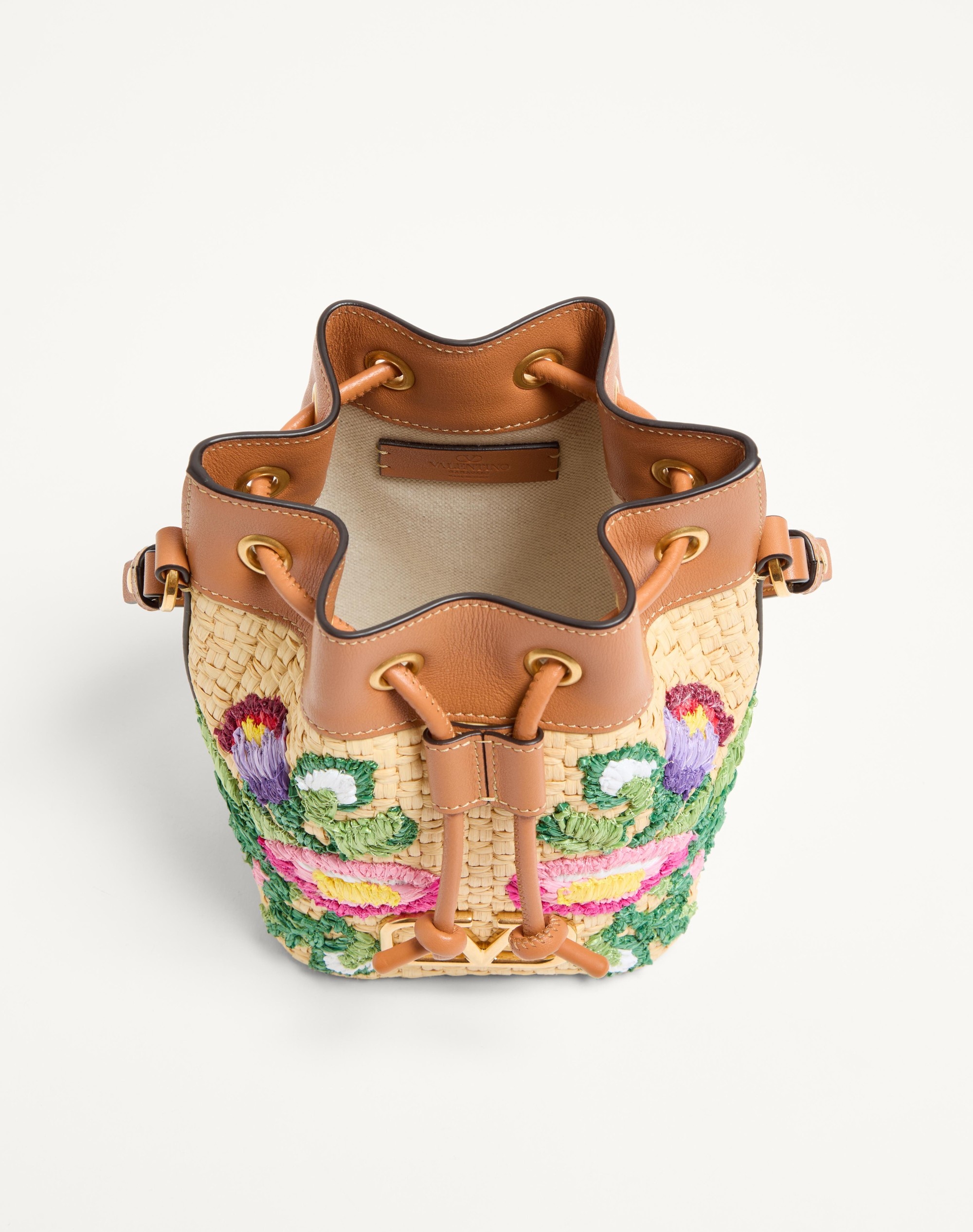 VLOGO SIGNATURE MINI BUCKET BAG IN SYNTHETIC RAFFIA WITH FLORAL EMBROIDERY - 5