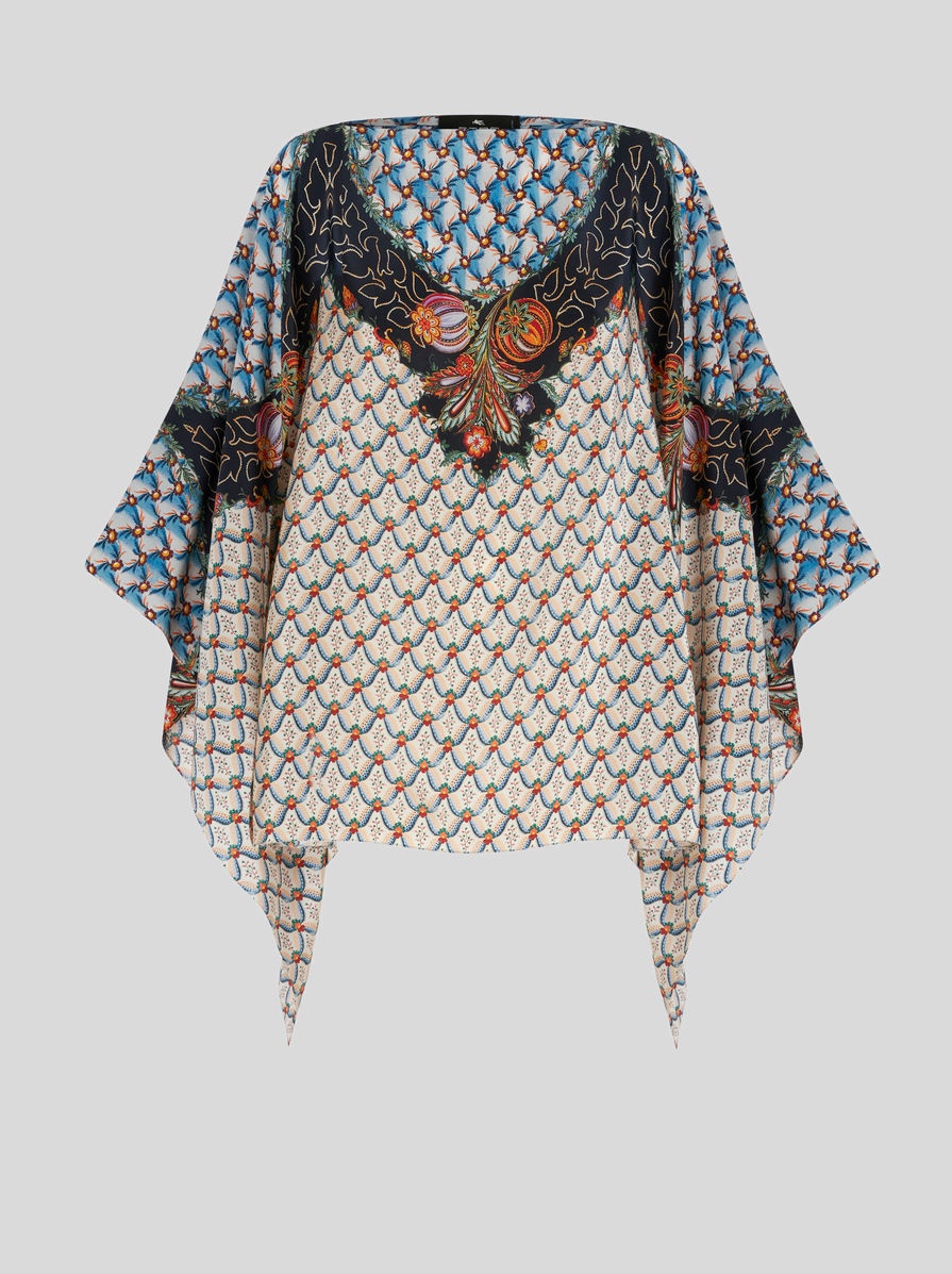 FLORAL PATTERN SILK PONCHO - 1