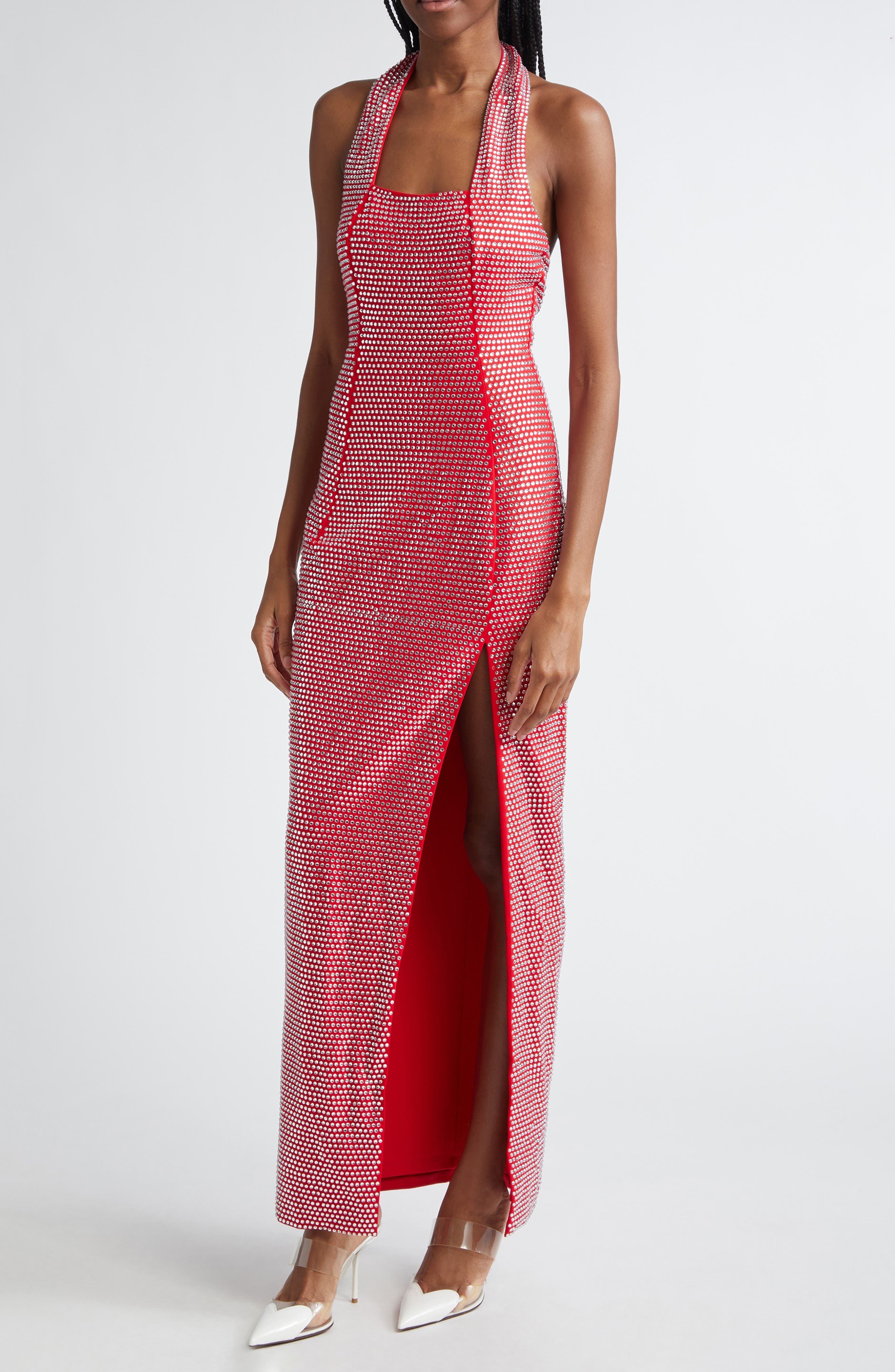 Area Crystal Embellished Halter Gown in Carmine at Nordstrom - 4