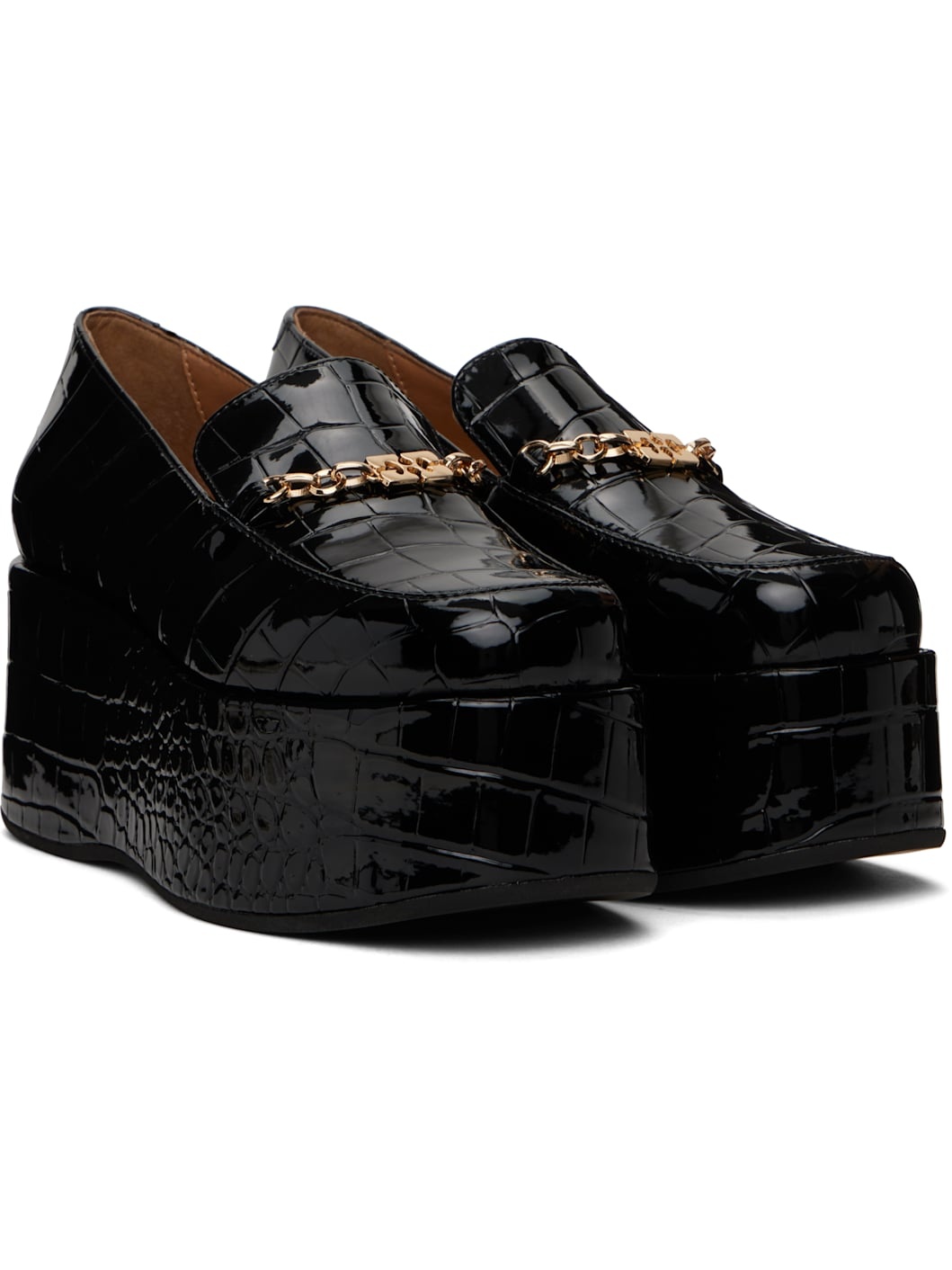 Black Patent Croco Butterfly Chain Platform Loafers - 4