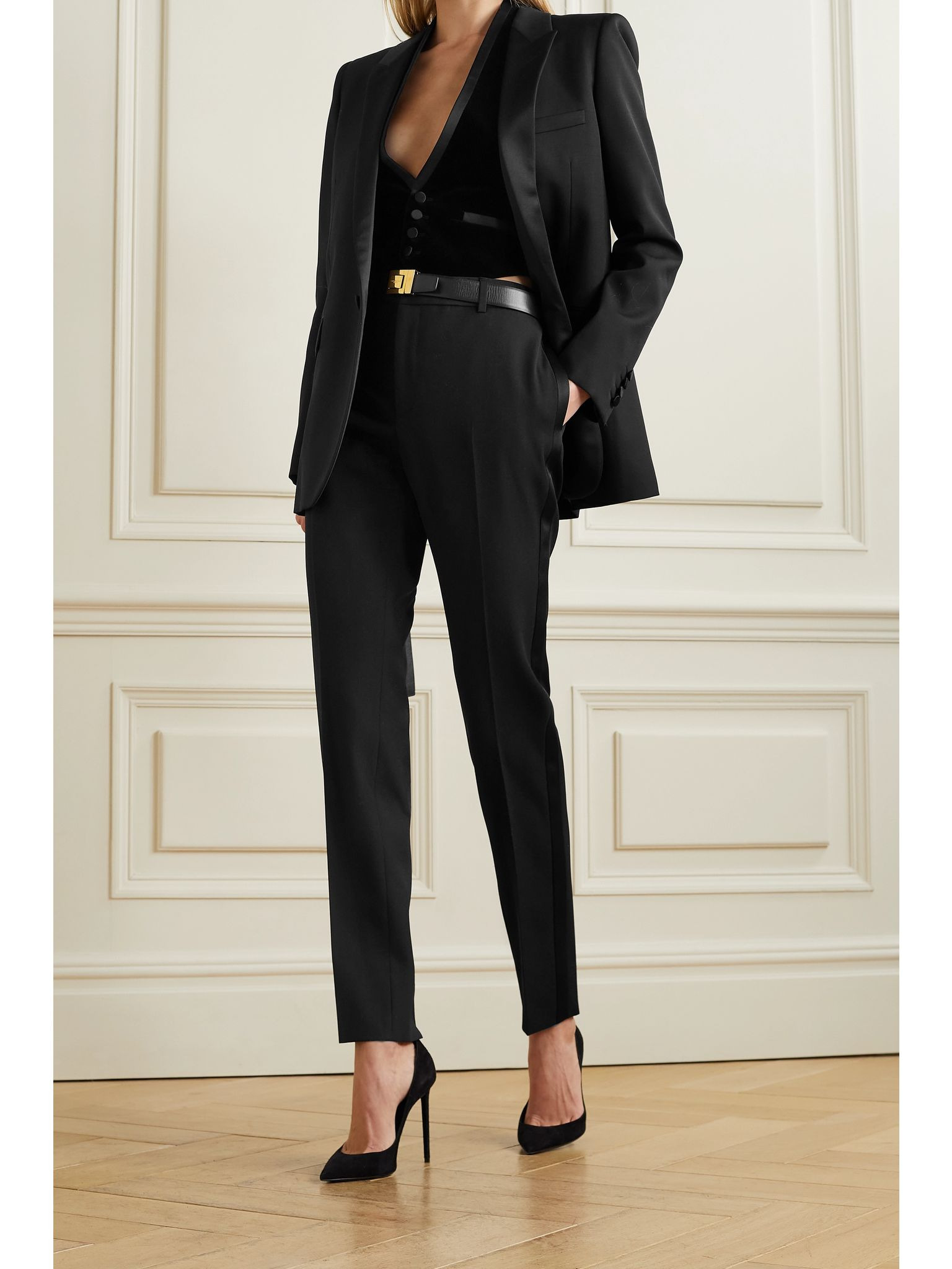 Tube satin-trimmed grain de poudre wool blazer Black - 2