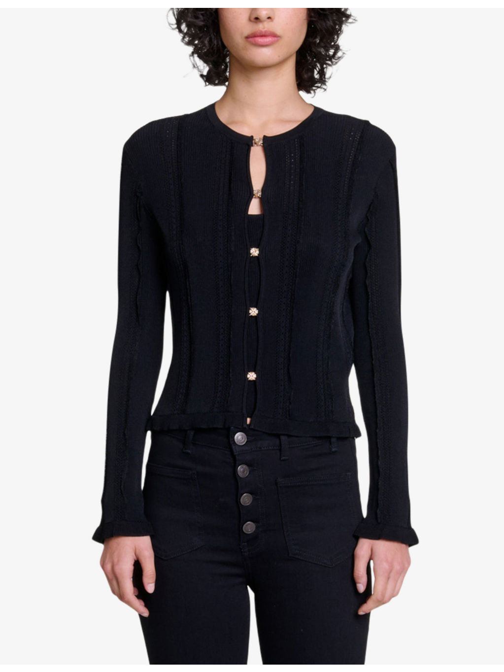 Open-work long-sleeve stretch-knit cardigan - 3