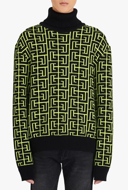 Capsule After ski - neon yellow and black Balmain monogram merino wool turtleneck sweater - 5
