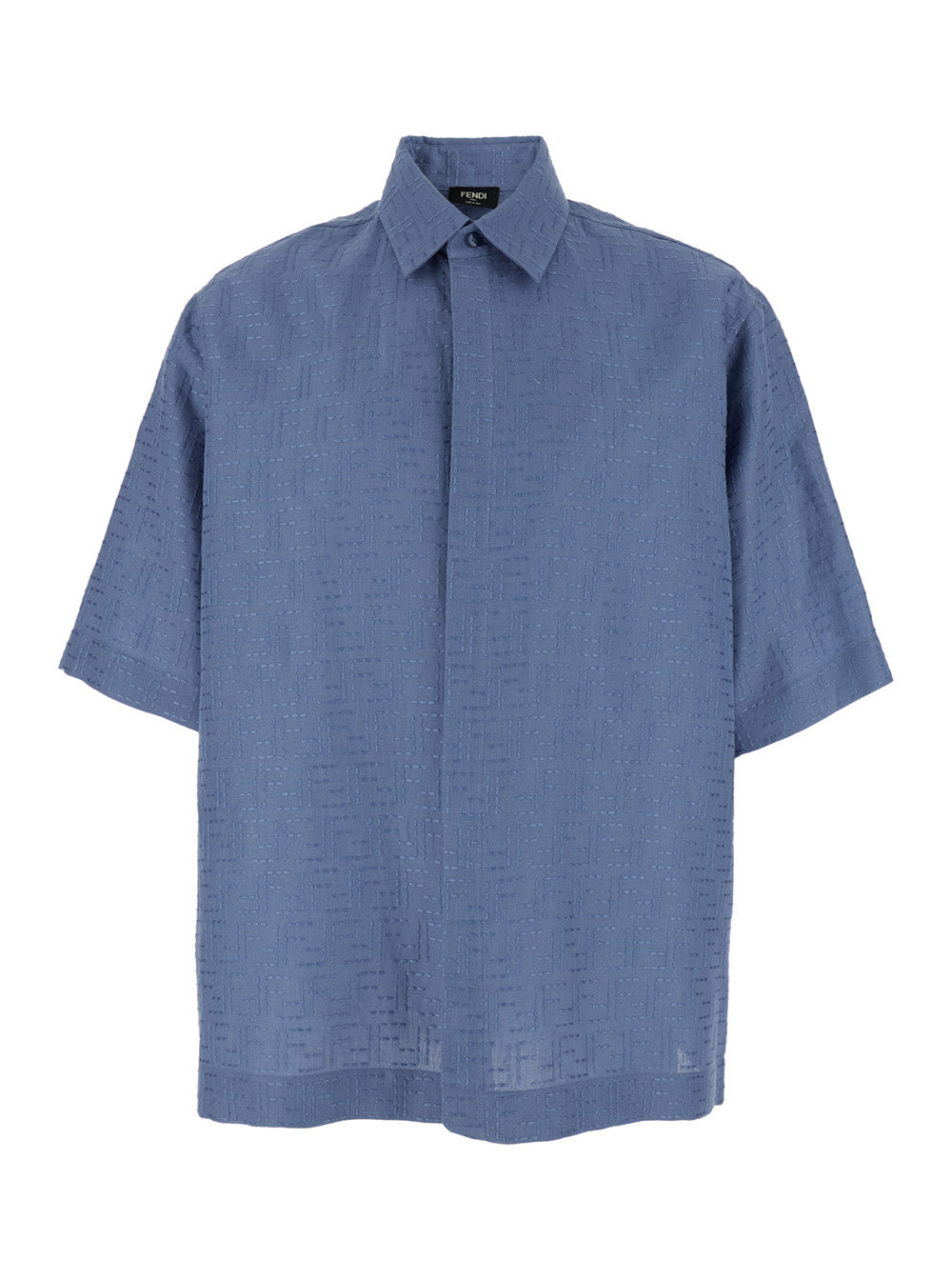 Fendi Men Blue Shirt With Pointed Collar And All-Over Ff Motif In Linen Blend Man - 1