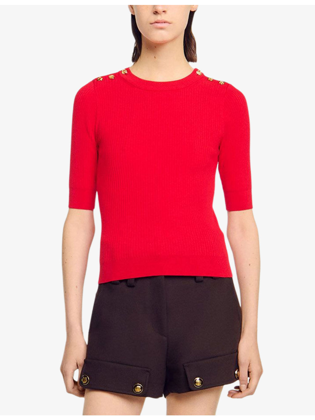 Button-Embellished Short-Sleeved Stretch-Knit Jumper - 3