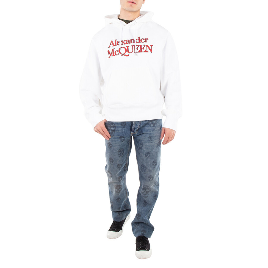 Alexander Mcqueen Men's Optical White Logo-Embroidered Cotton Hoodie - 6
