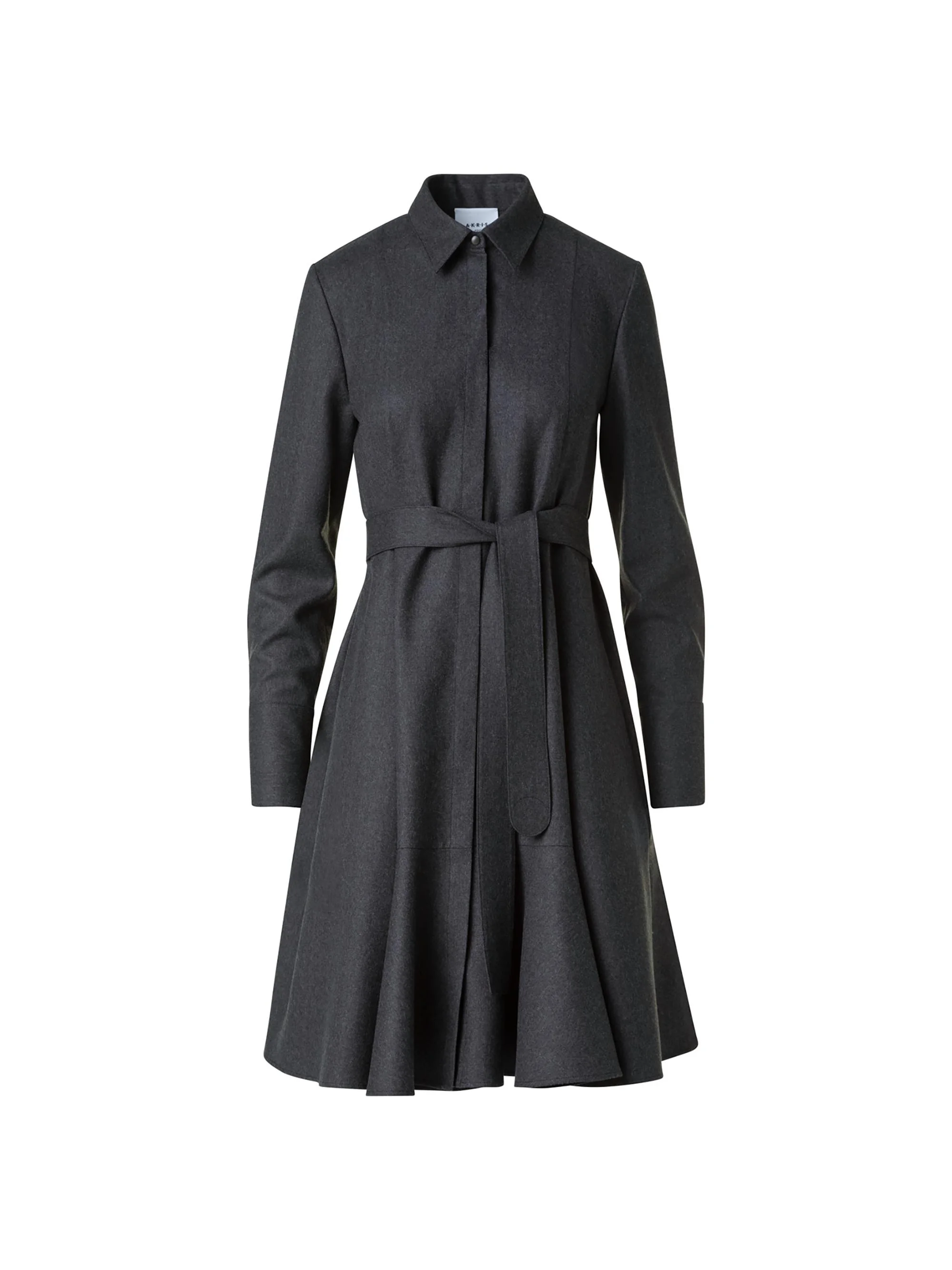 Women's Virgin Wool Belted Knee-Length Shirtdress - Charcoal - 1