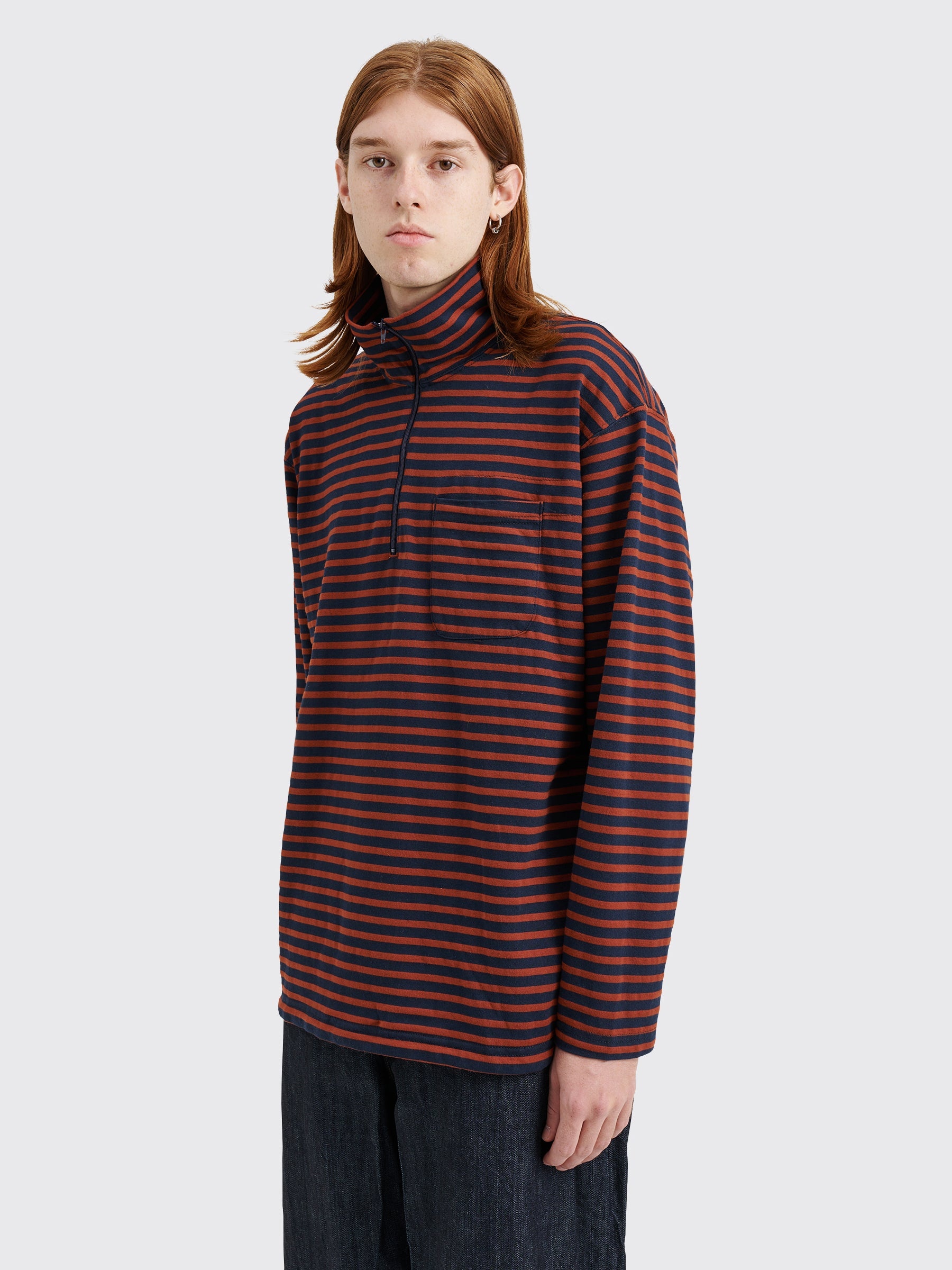 Engineered Garments ENGINEERED GARMENTS ZIP MOCK NECK SWEATER STRIPE BROWN  / NAVY | REVERSIBLE