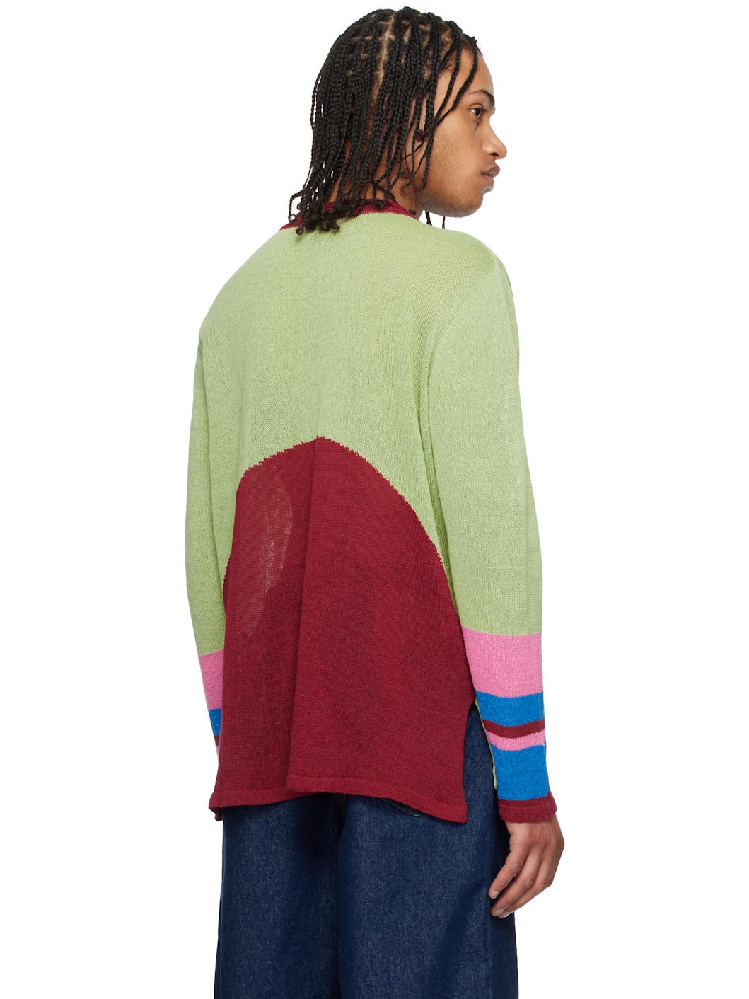 Green & Red Half Moon Linen Sweater - 3