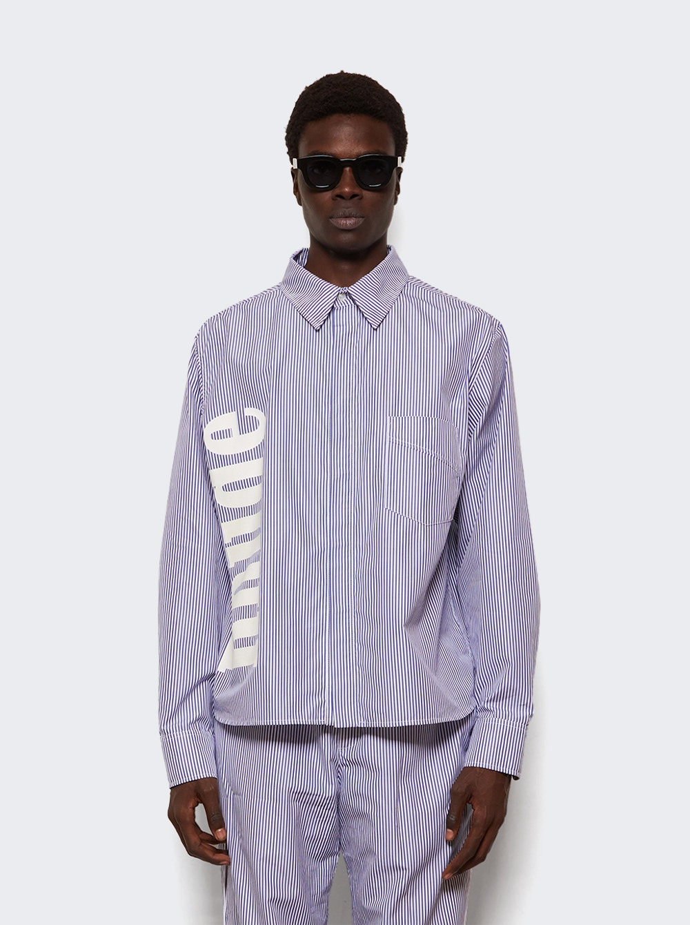 Side Logo Long Sleeve Shirt Blue And White Stripe - 2