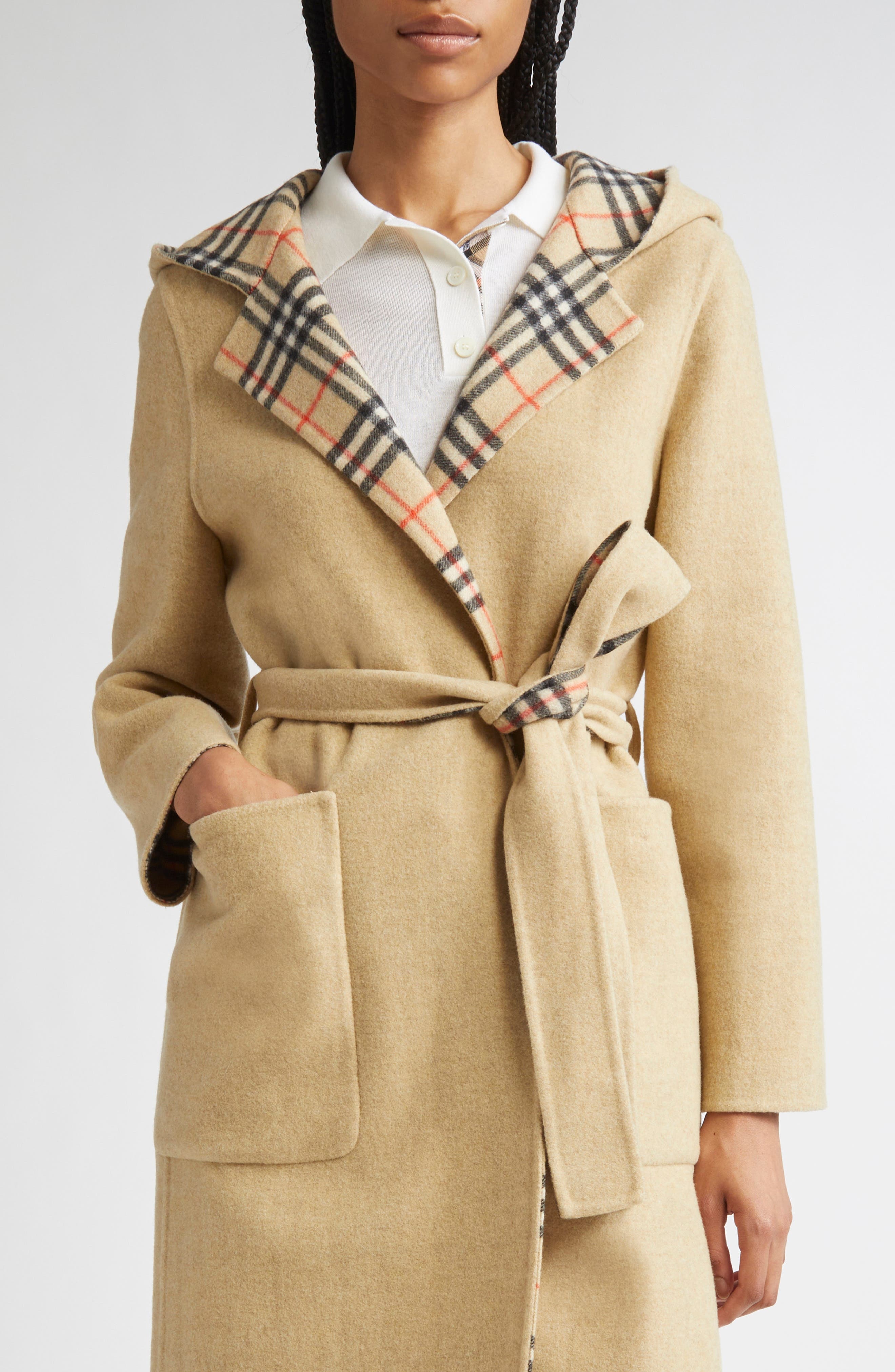 burberry Hampshire Wool Reversible Hooded Coat in Sand Ip Check at Nordstrom - 6
