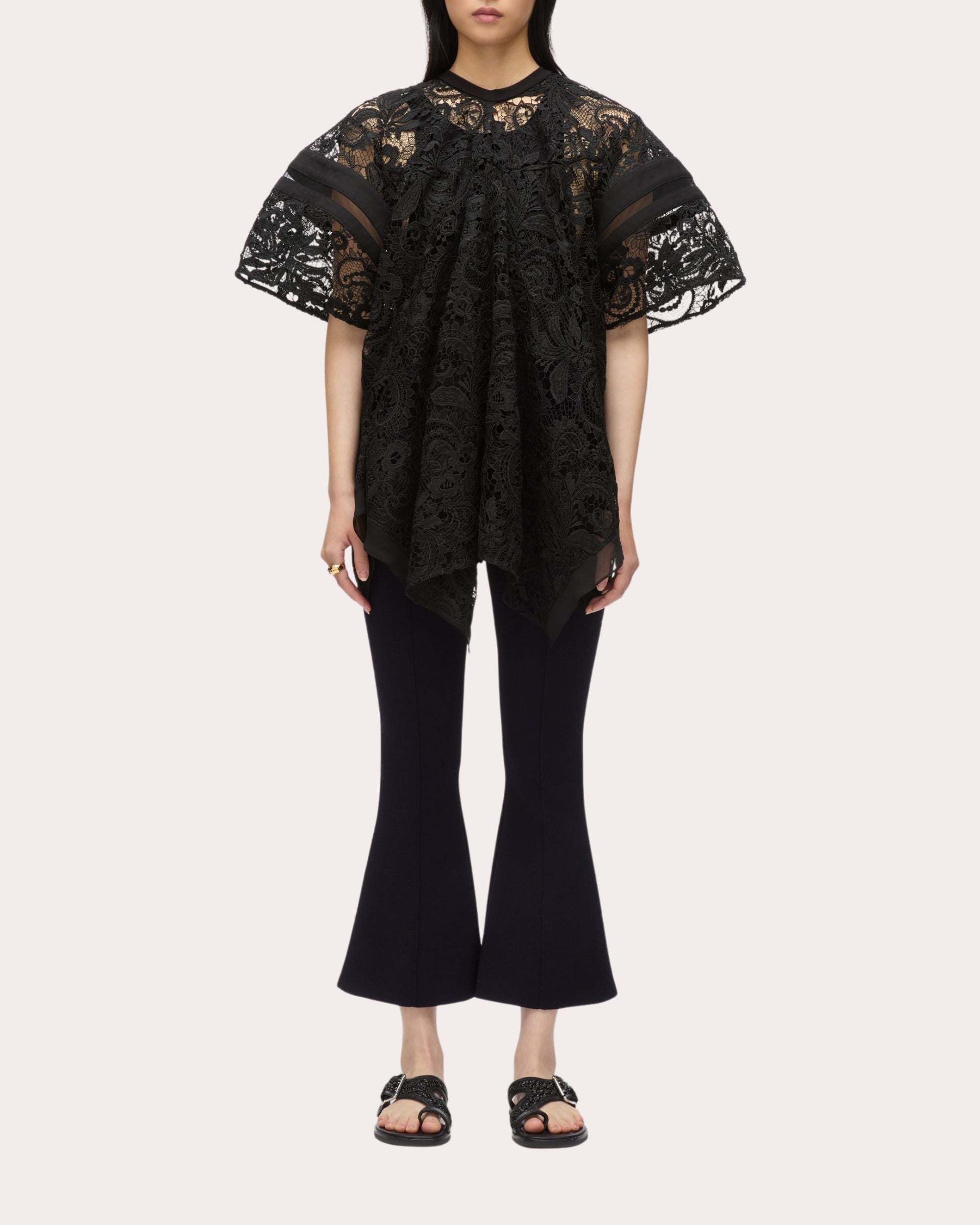Sheer Lace Mesh-Panel Flounce Top - 4