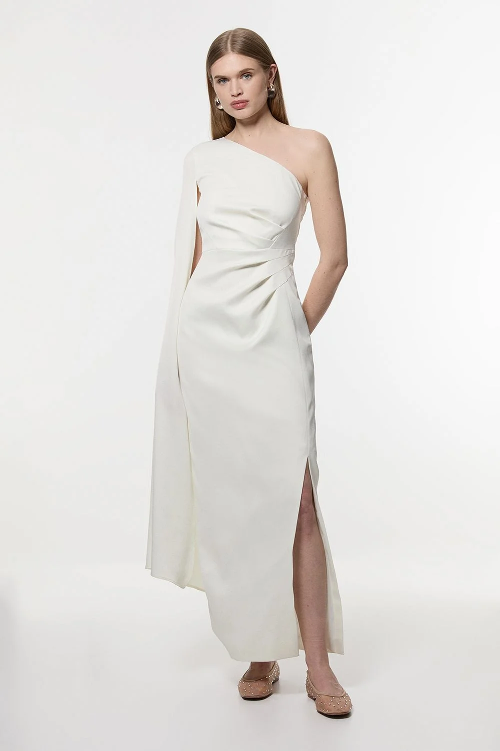 Petite Satin Drape One Shoulder Tailored Maxi Dress - 1