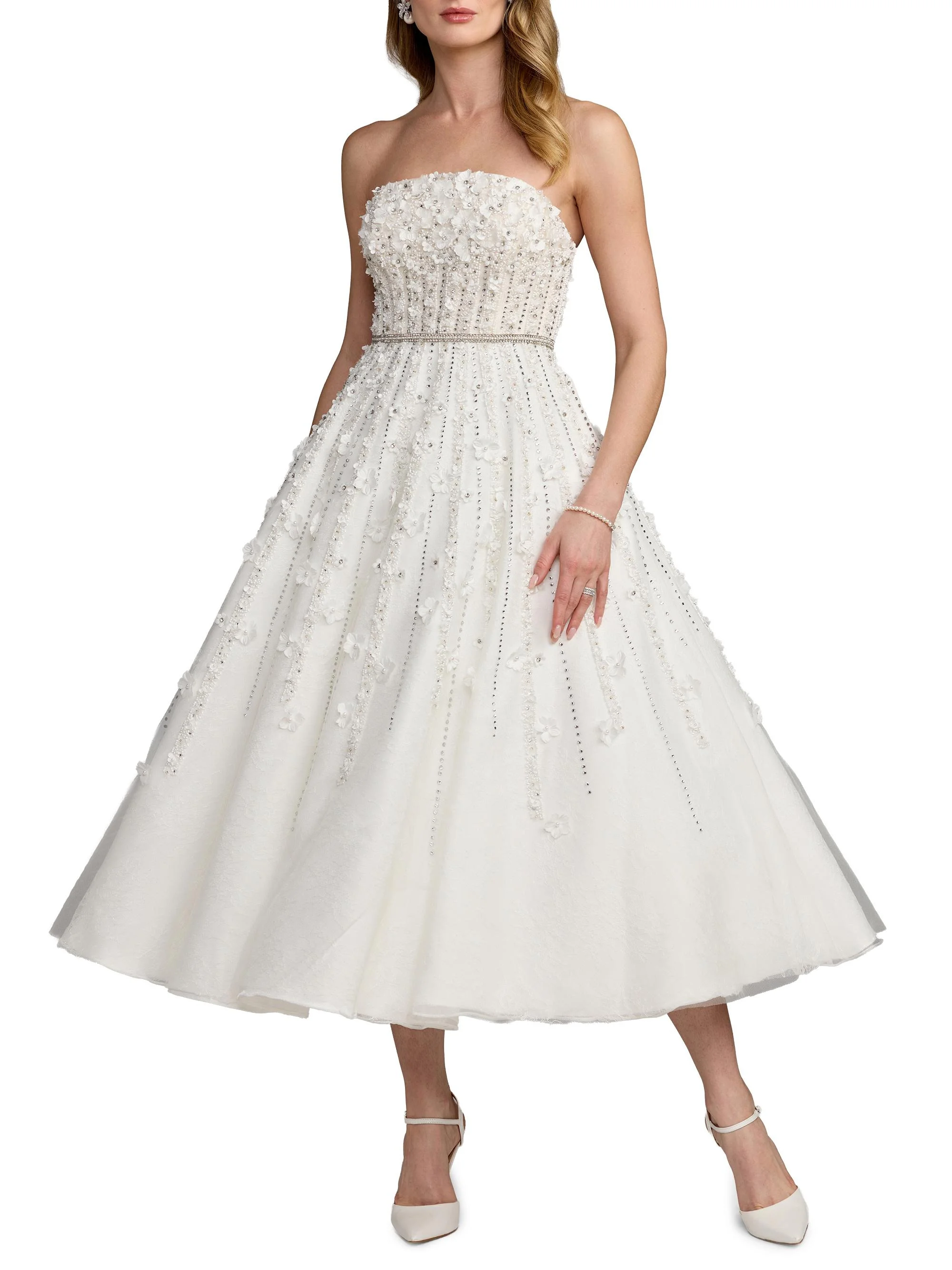 Women's Embellished Lace Strapless Midi Cocktail Dress - Ivory - 1