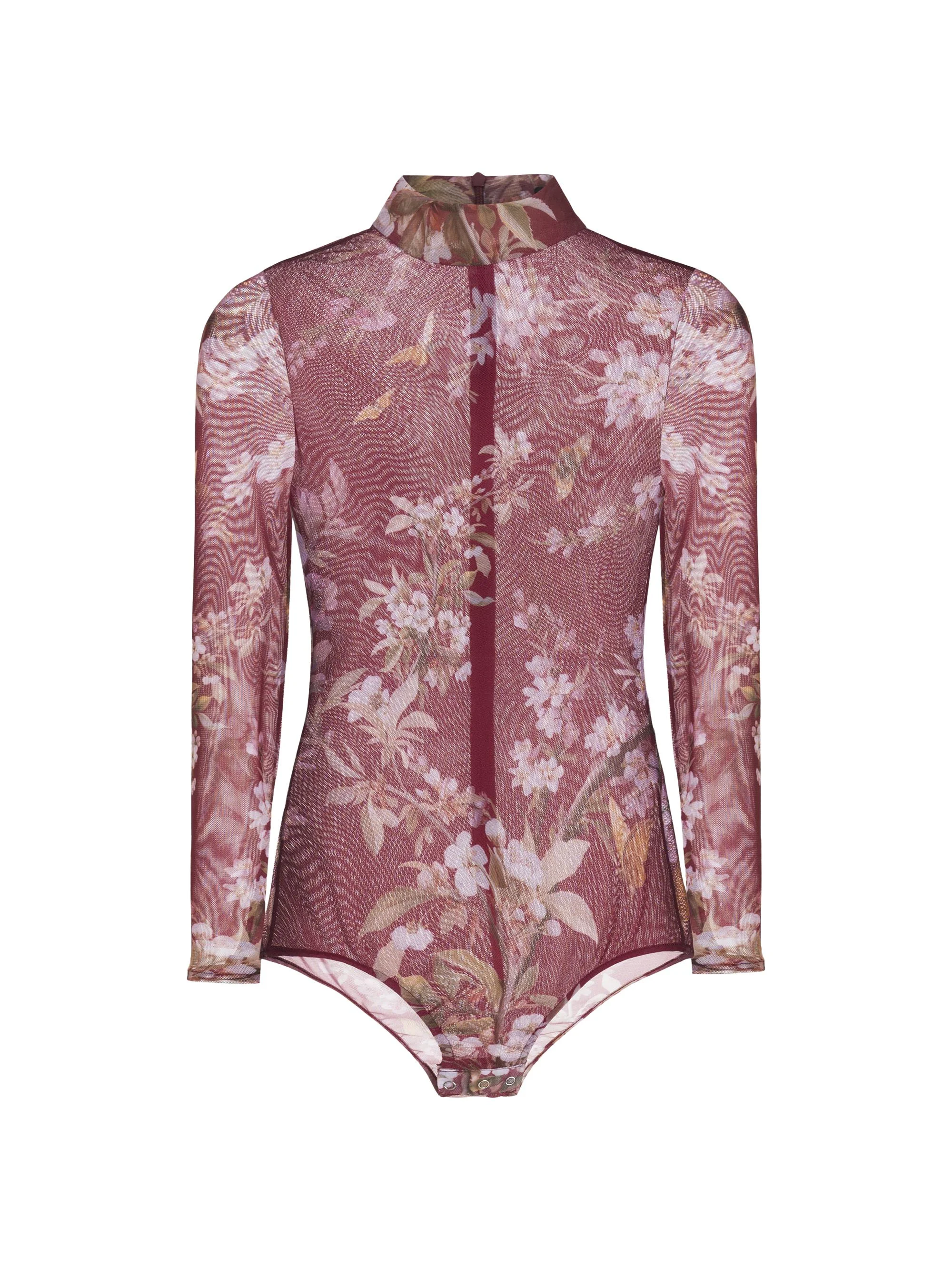 Women's Delicata Floral Mesh Bodysuit - Dark Red - 1
