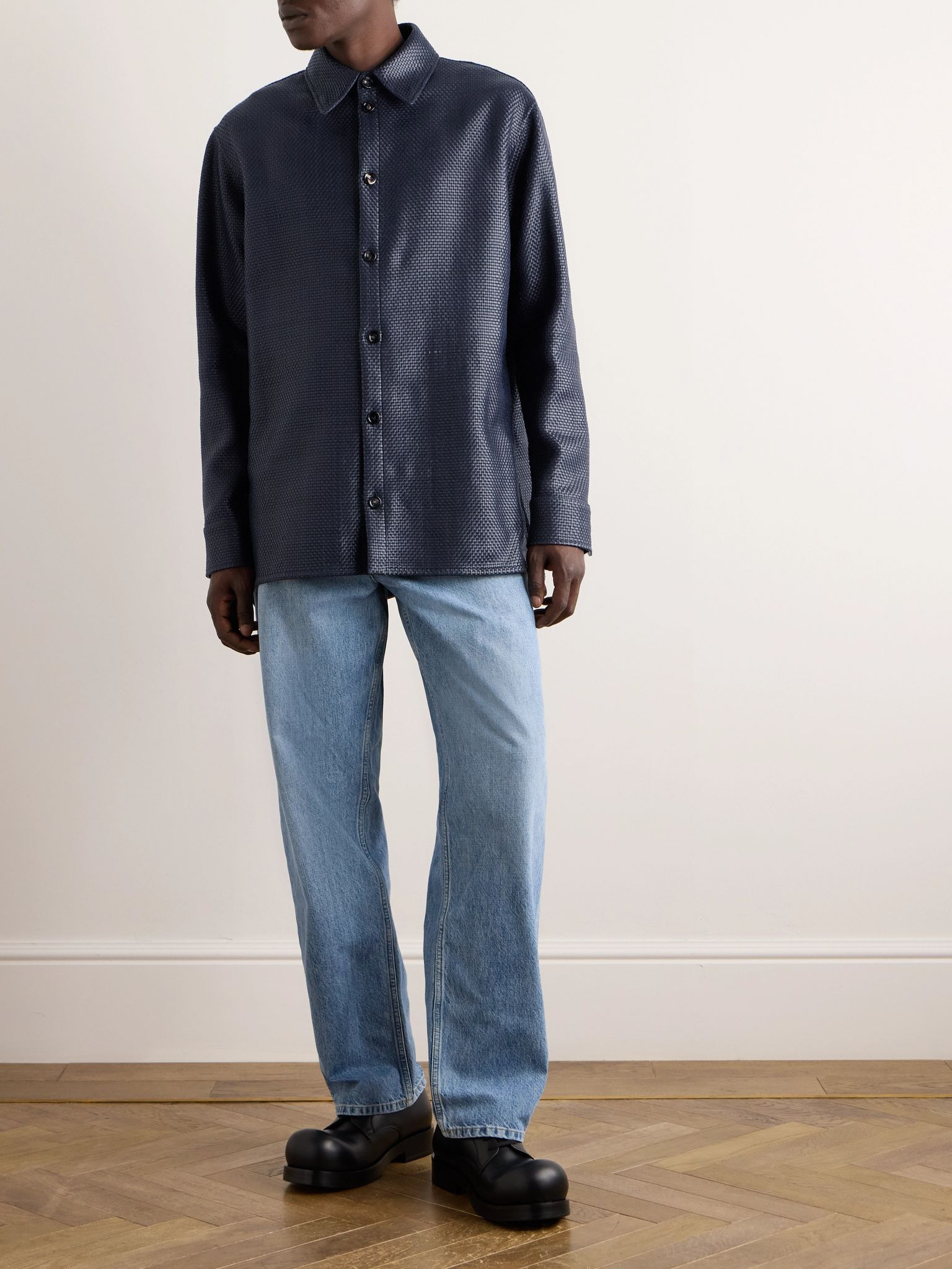 Intrecciato Leather Shirt Blue - 2