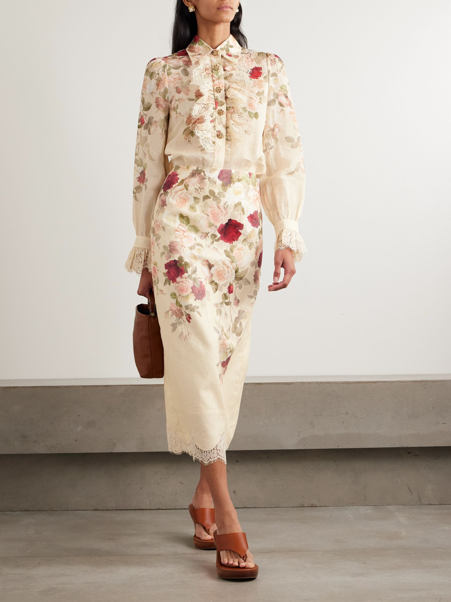 Lace-trimmed floral-print linen midi skirt Cream - 2