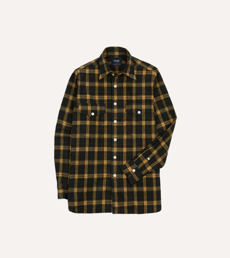 Green and Yellow Brushed Cotton Long Point Collar Work Shirt 1