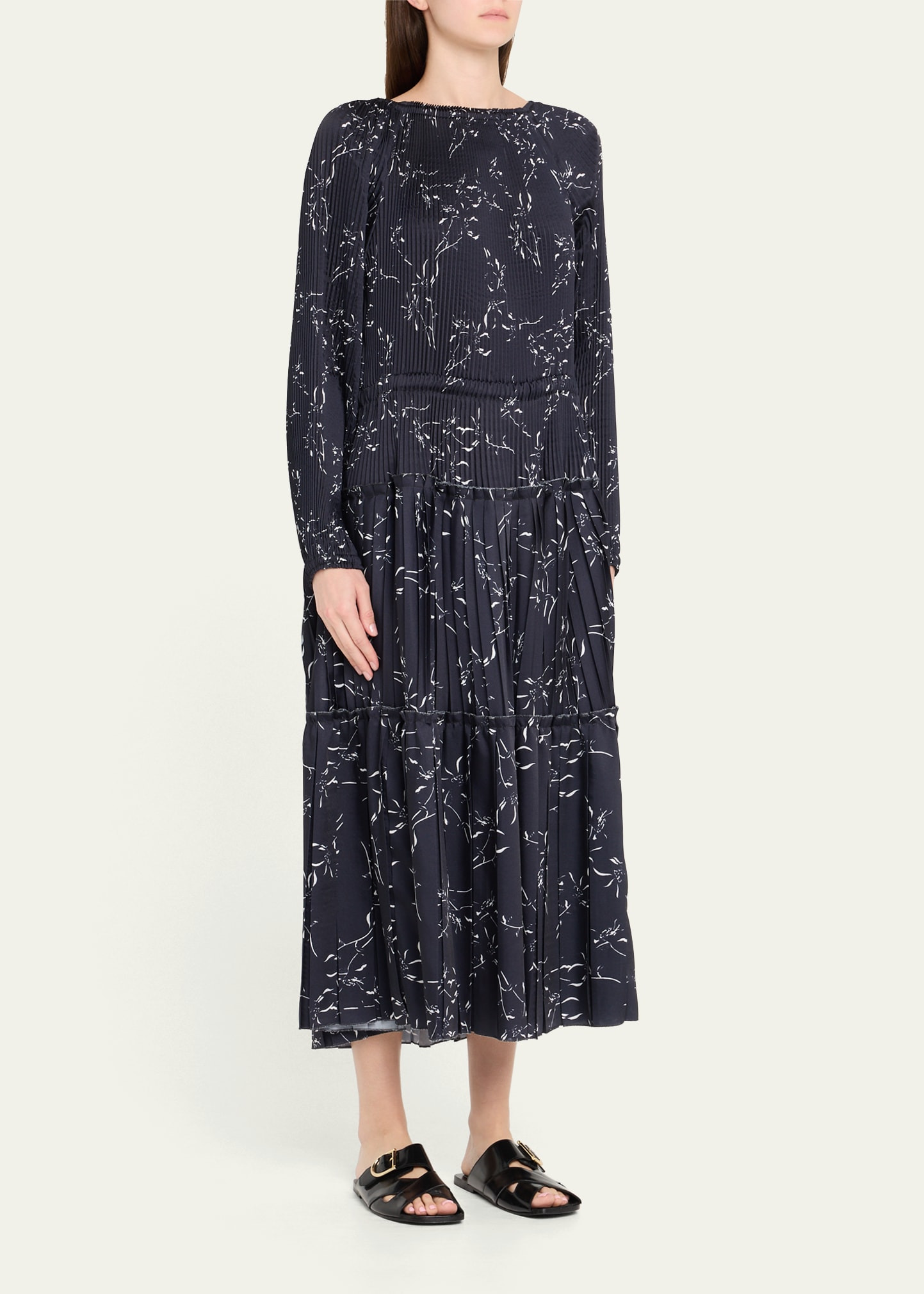 Pleated Long-Sleeve Midi Dress - 4