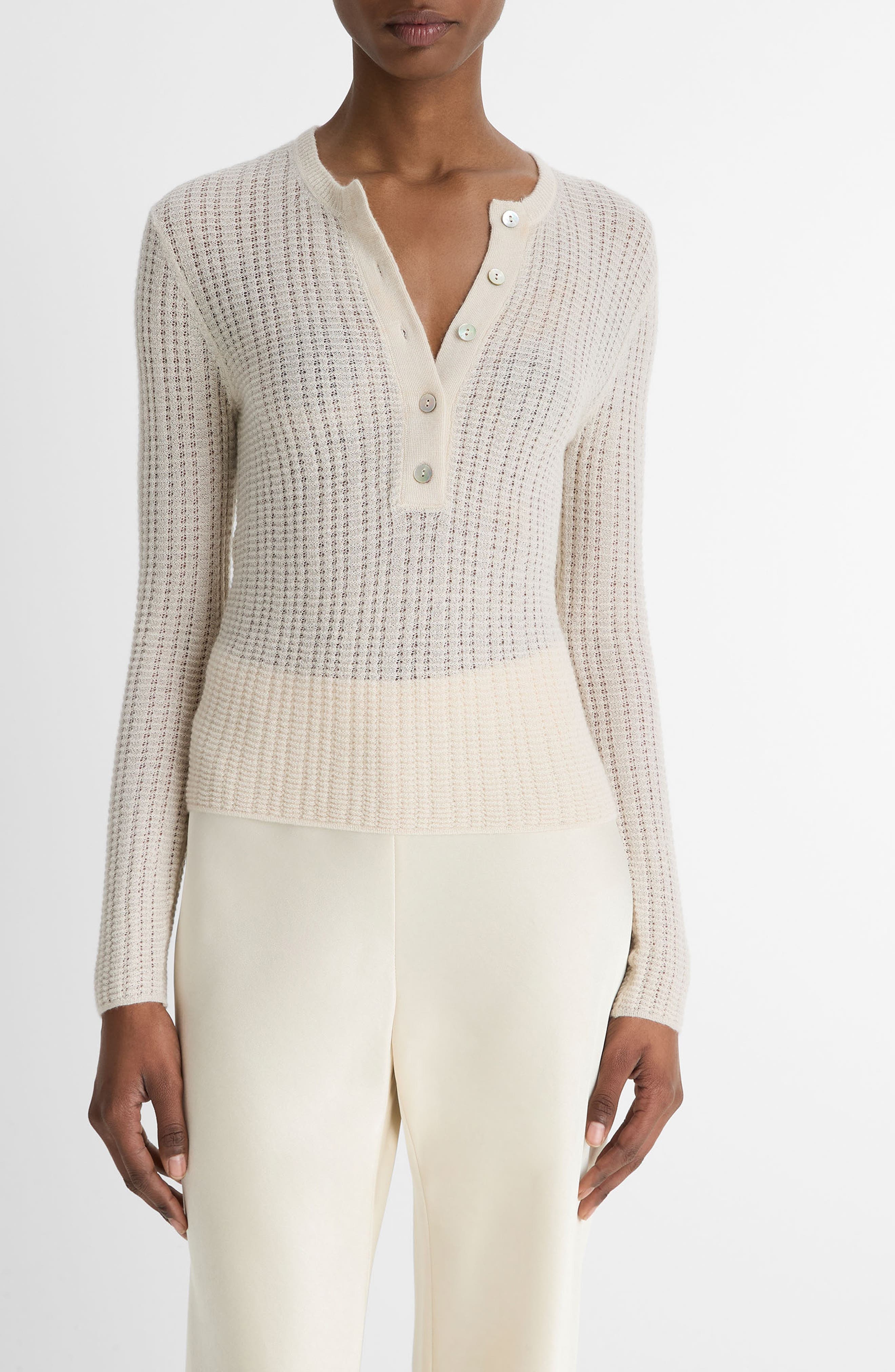 Vince Pointelle Cashmere & Silk Henley in White Sand at Nordstrom - 1