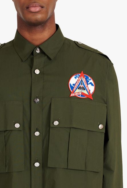 Dark khaki cotton shirt with Balmain badge - 8