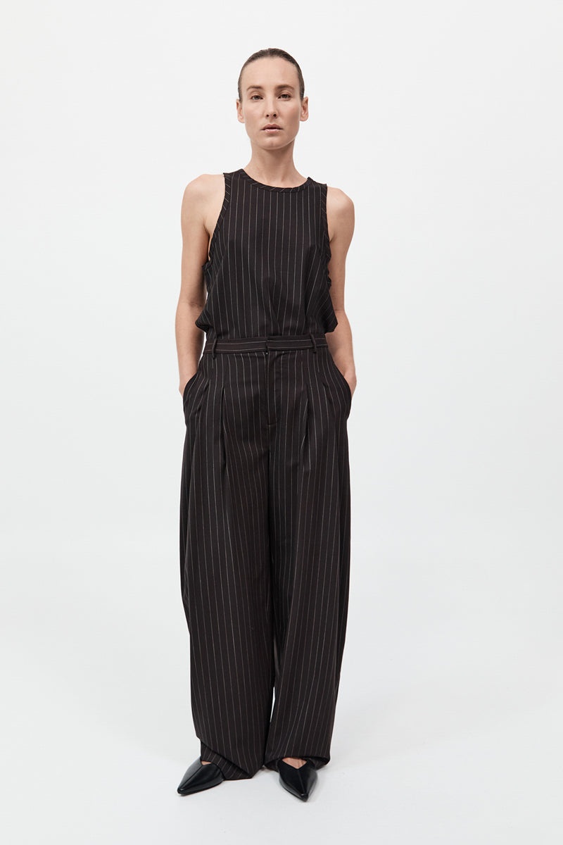 Wool Pinstripe Tapered Pants - Mahogany Stripe - 2