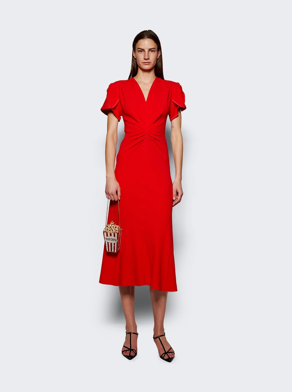 Gathered V-neck Midi Dress Tomato - 2