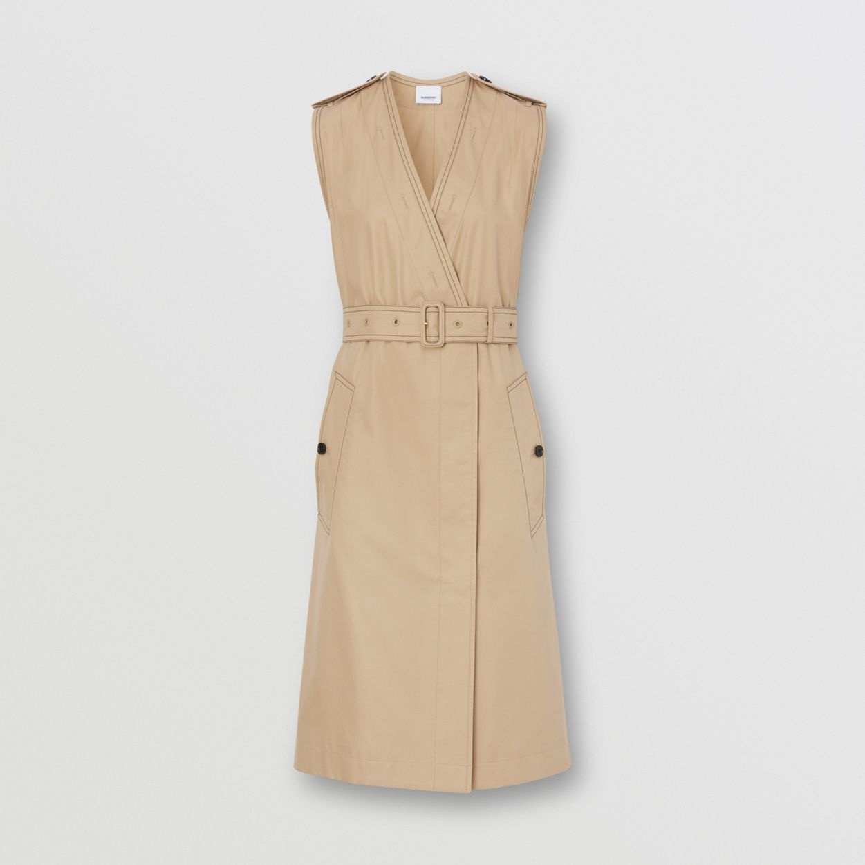 Sleeveless Cotton Gabardine V-neck Trench Dress - 1