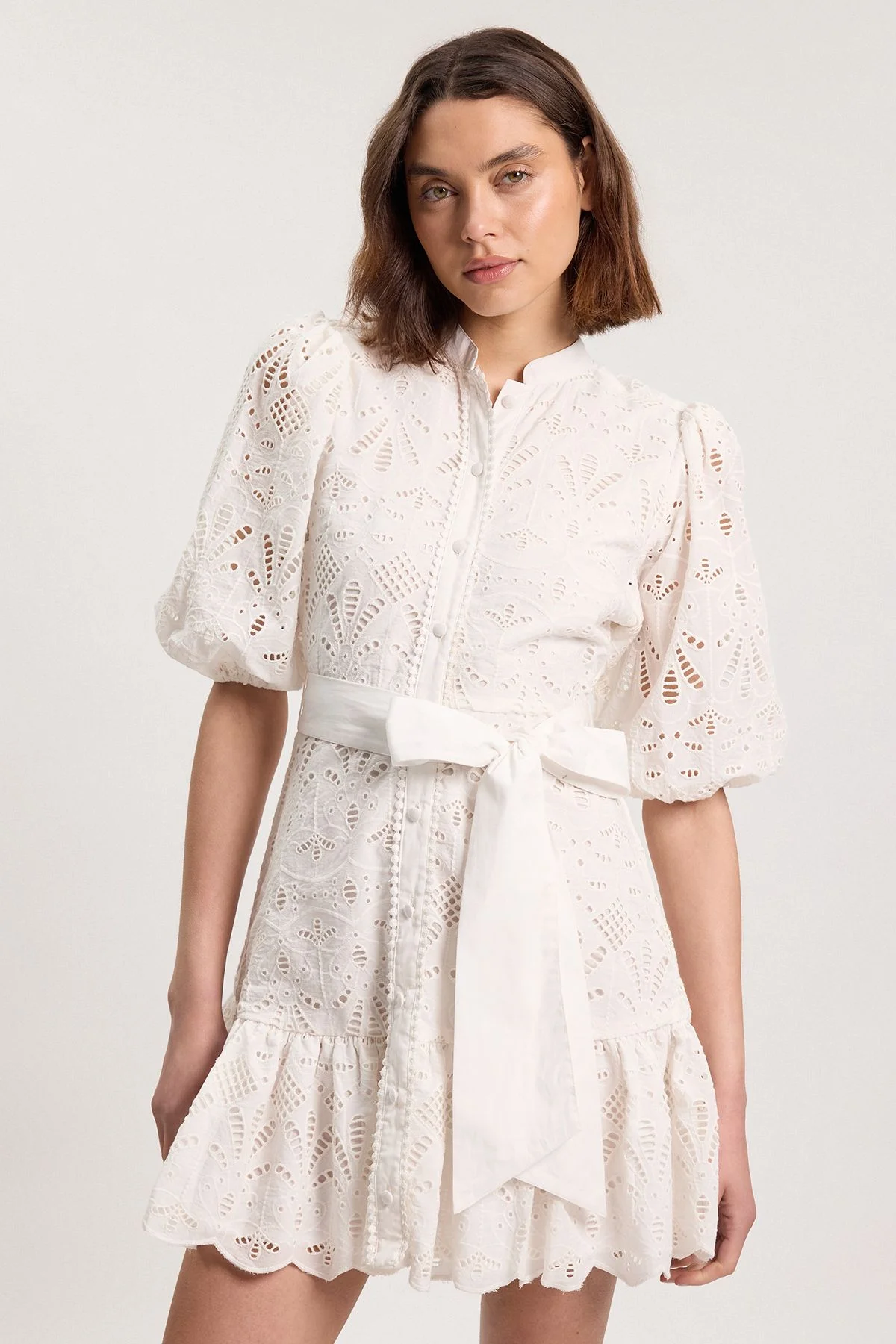 Scalloped Hem Broderie Mini Shirt Dress - 1