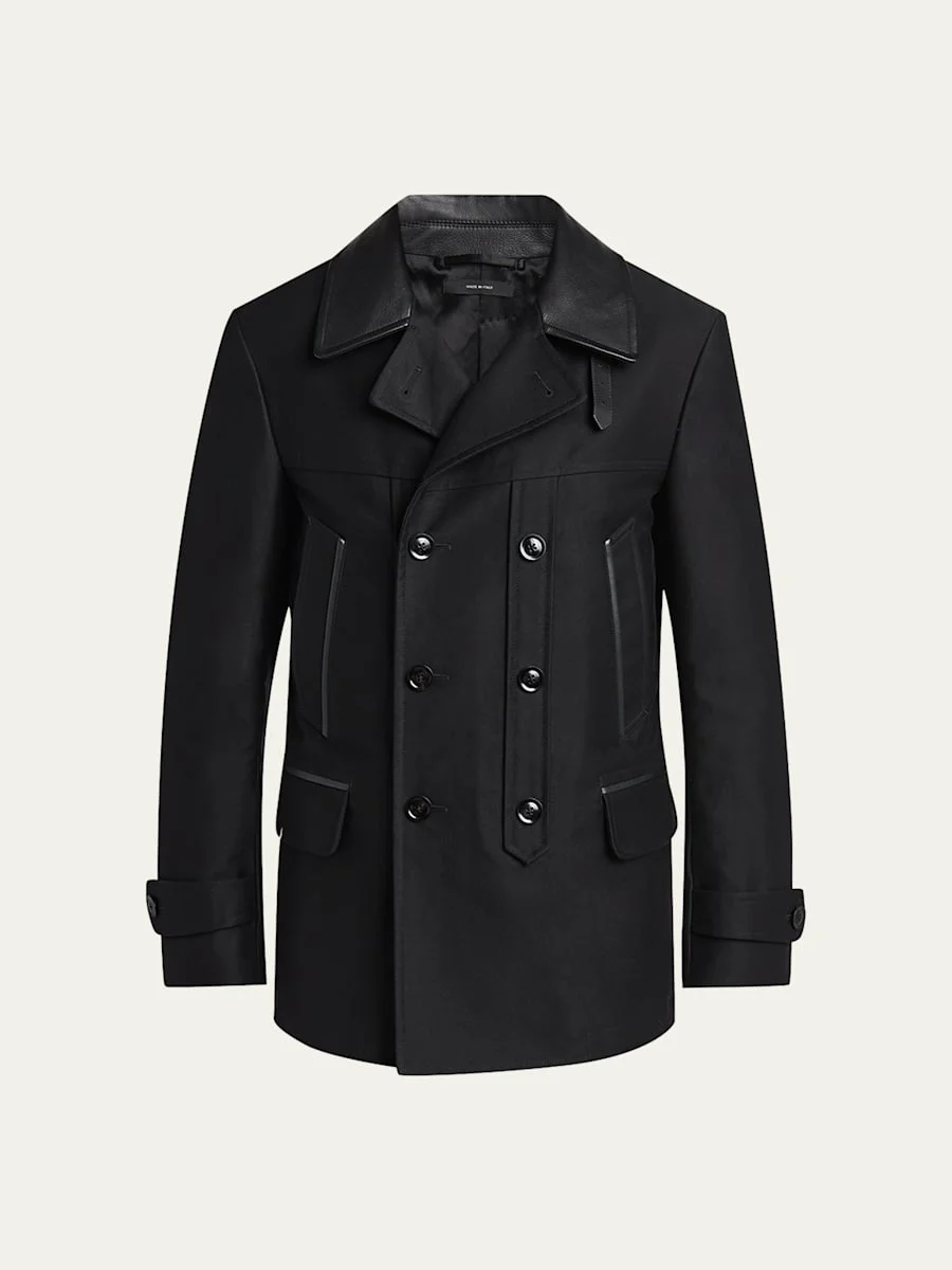 Men's Satin Leather-Collar Peacoat - 1