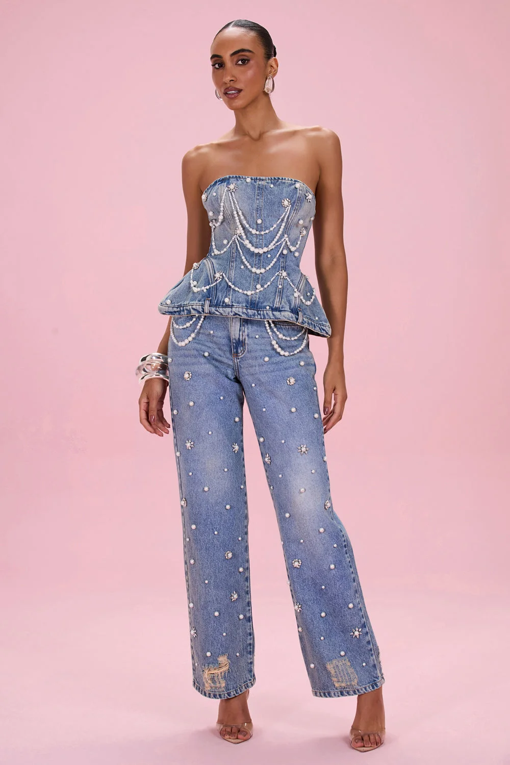 CRYSTAL DENIM EMBROIDERED PANT - 1