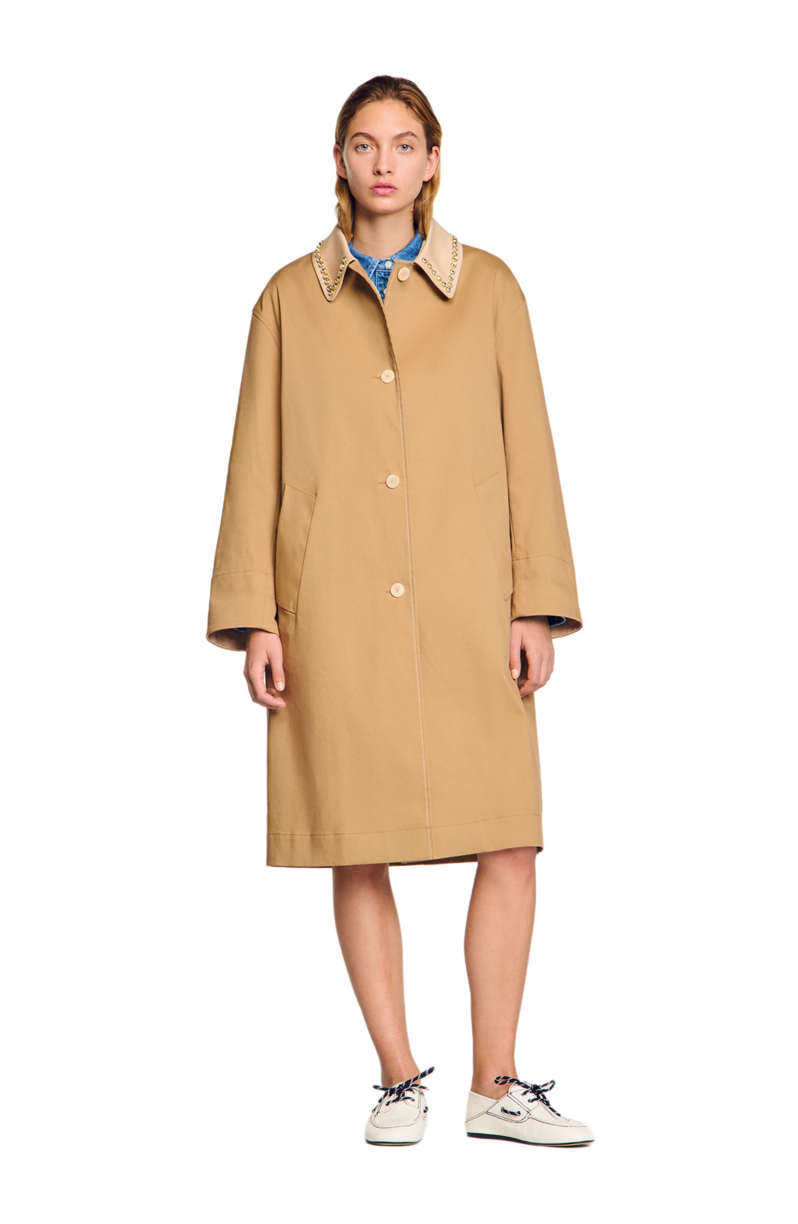 SANDRO Trench coat with rhinestone collar in Camel at Nordstrom - 1