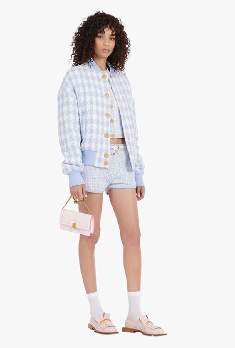 Balmain White and pale blue houndstooth-patterned tweed bomber jacket outlook
