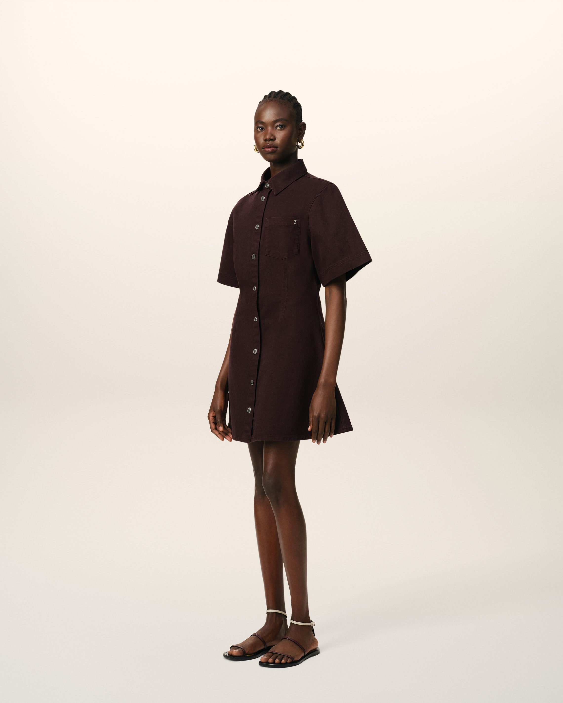 BURGUNDY COTTON SHORT SLEEVE SHIRT DRESS - 5